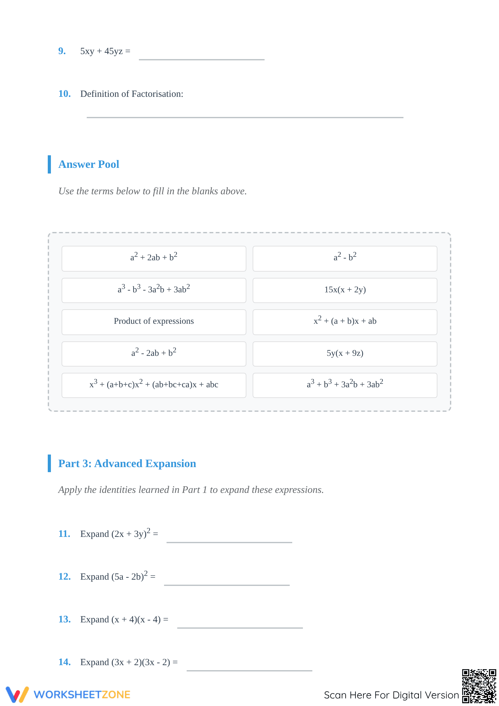 Essential Algebra: Identities & Factorization Worksheet - Page 2