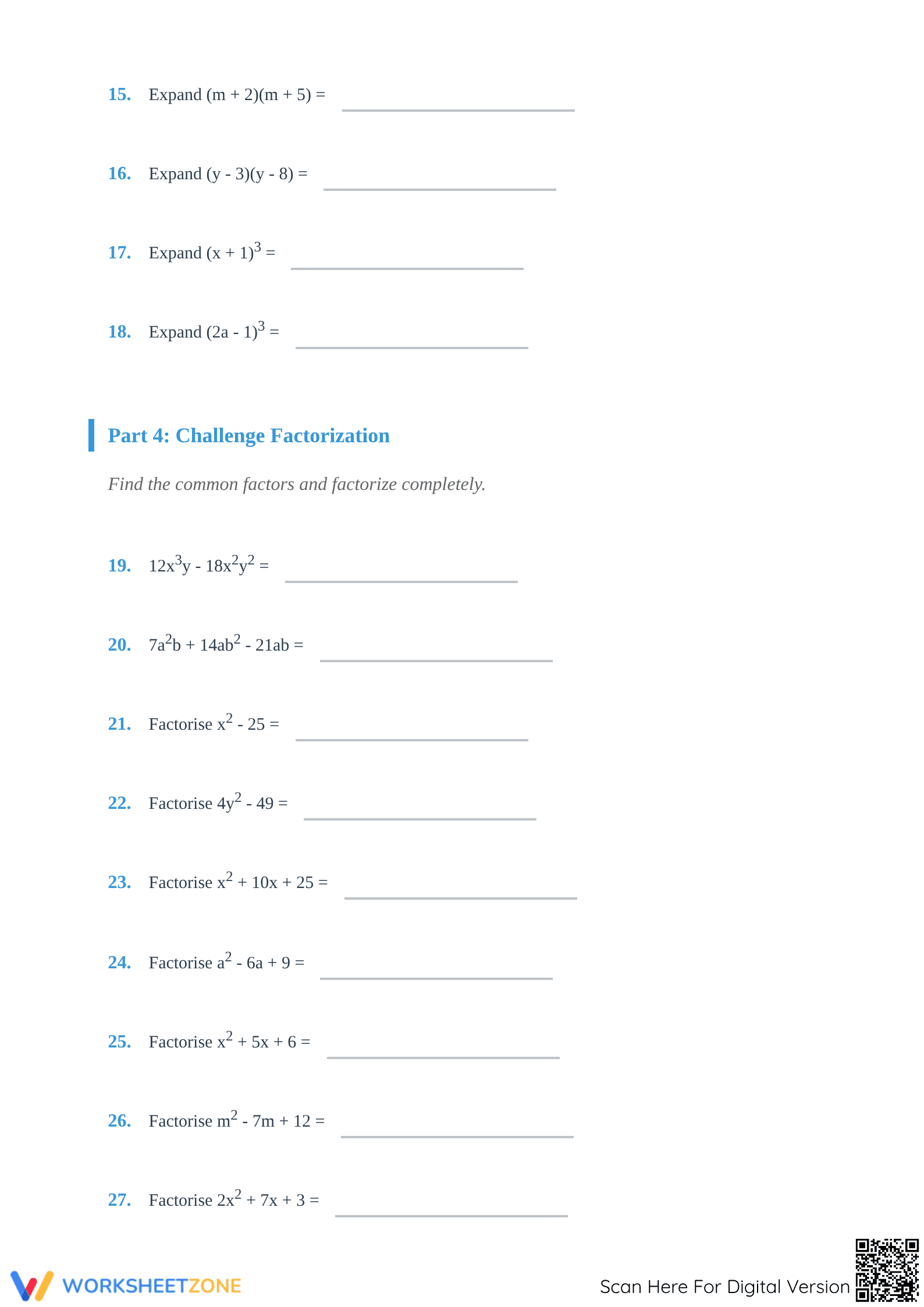 Essential Algebra: Identities & Factorization Worksheet - Page 3