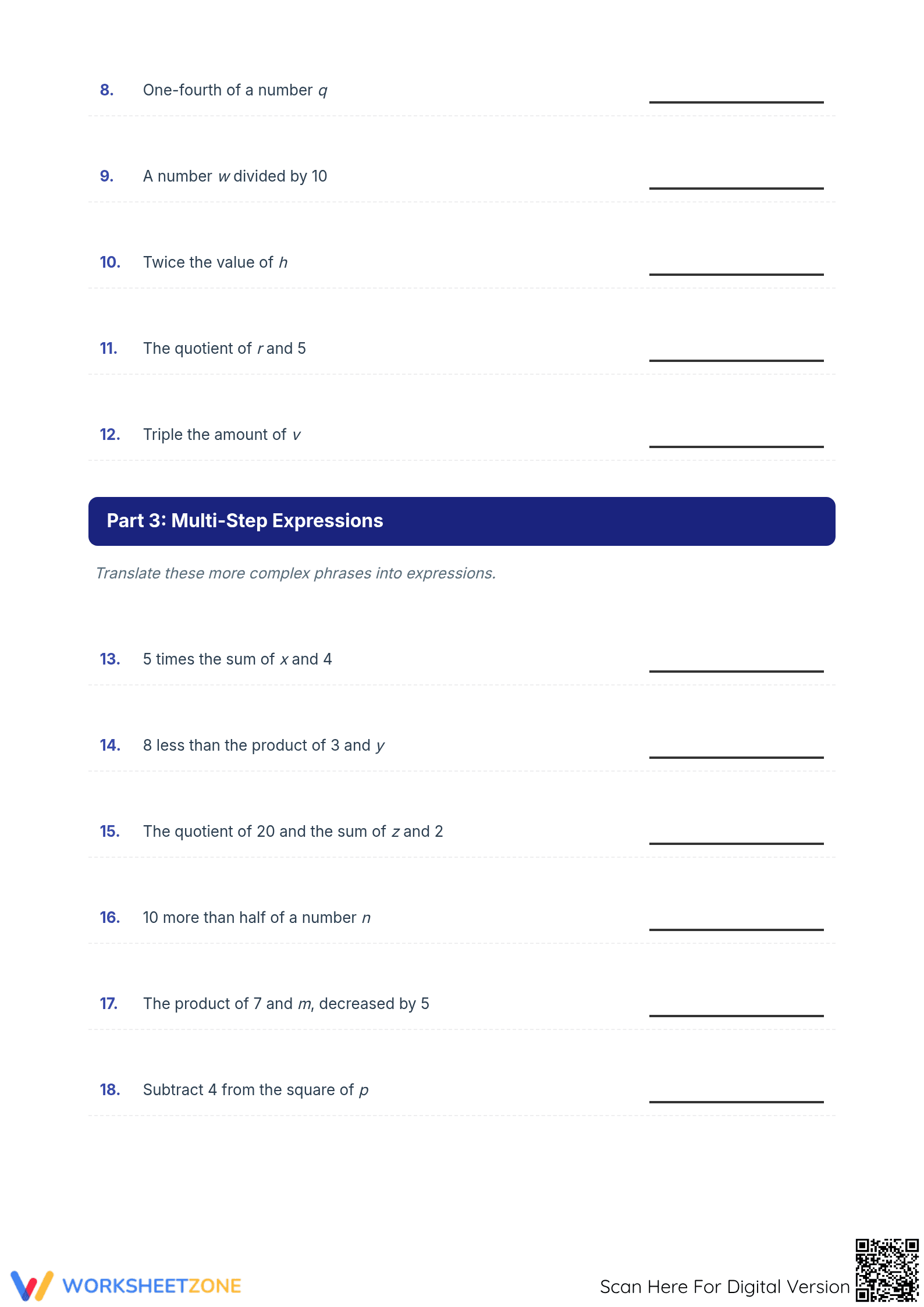 Printable Algebra Word Problems to Expressions Worksheet - Page 2
