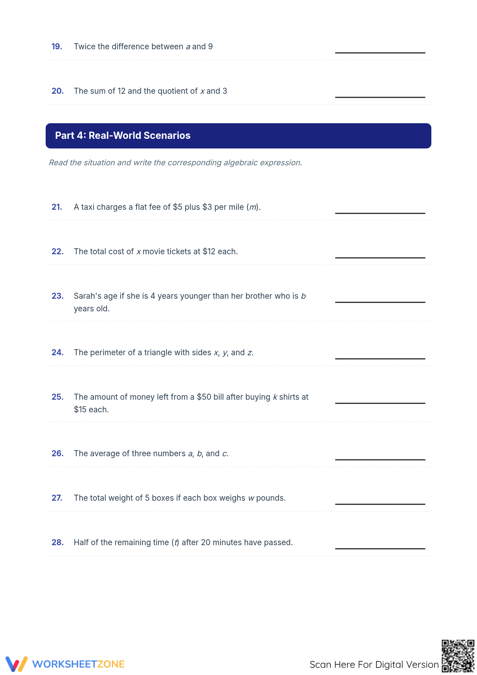 Printable Algebra Word Problems to Expressions Worksheet - Page 3