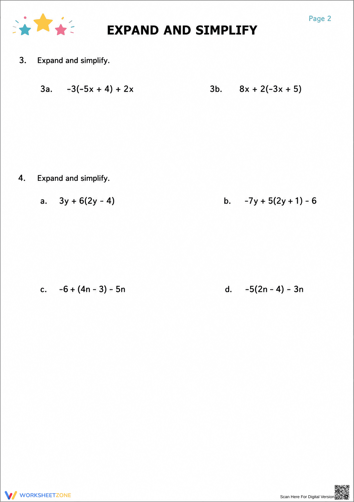 Expand and Simplify Worksheet | Grade 7 Math Printable - Page 2