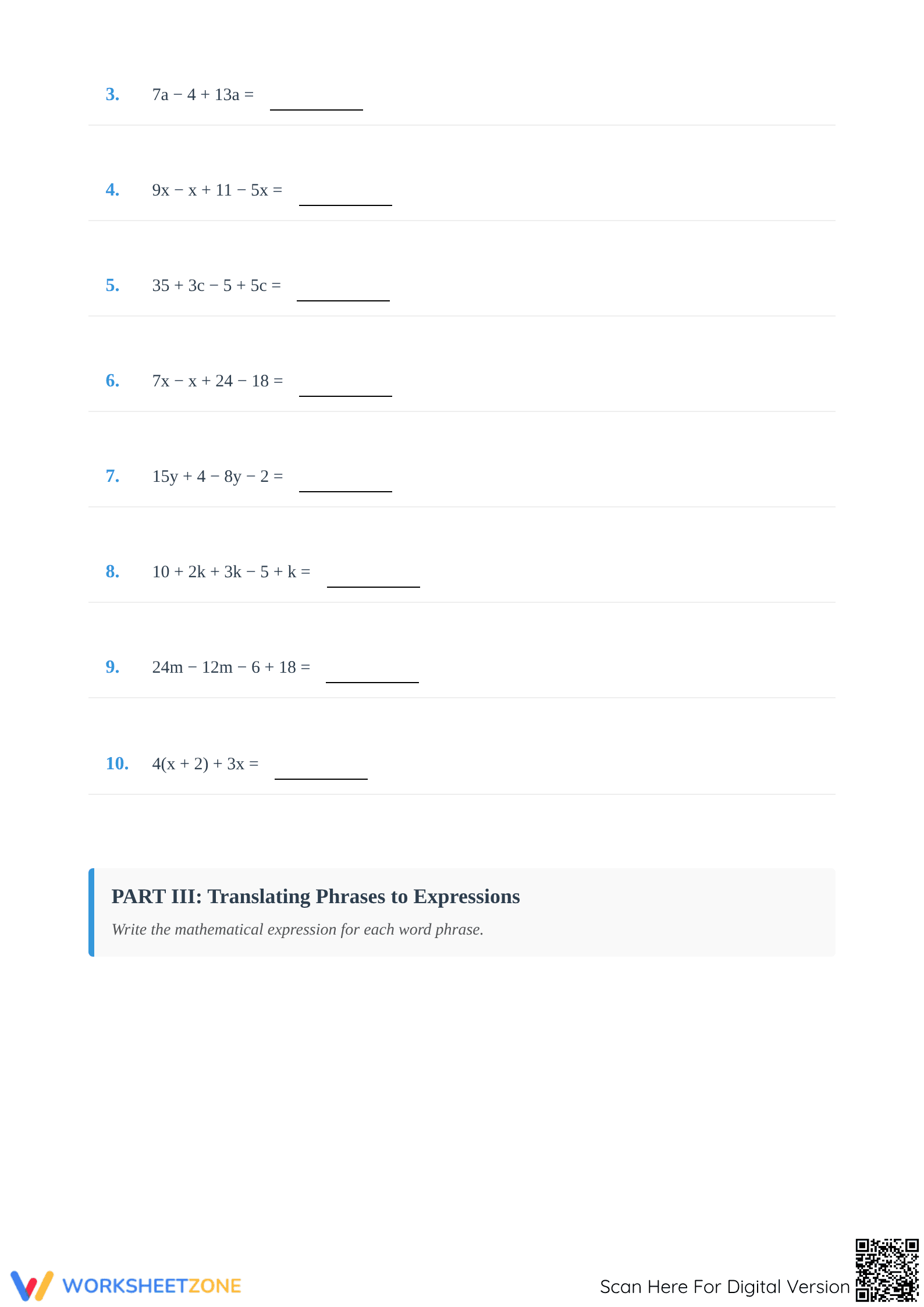 Printable Algebra Quiz: Equations & Expressions — Grade 6 - Page 2