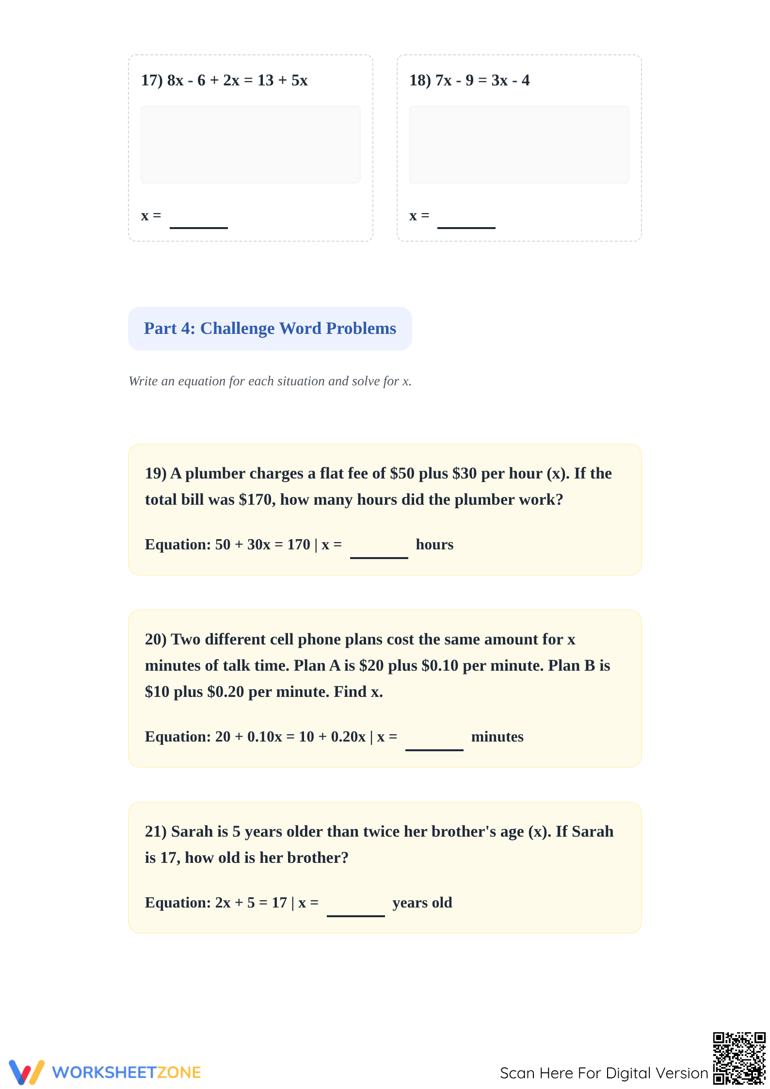 Printable Algebra Fundamentals: Solving Linear Equations - Page 4