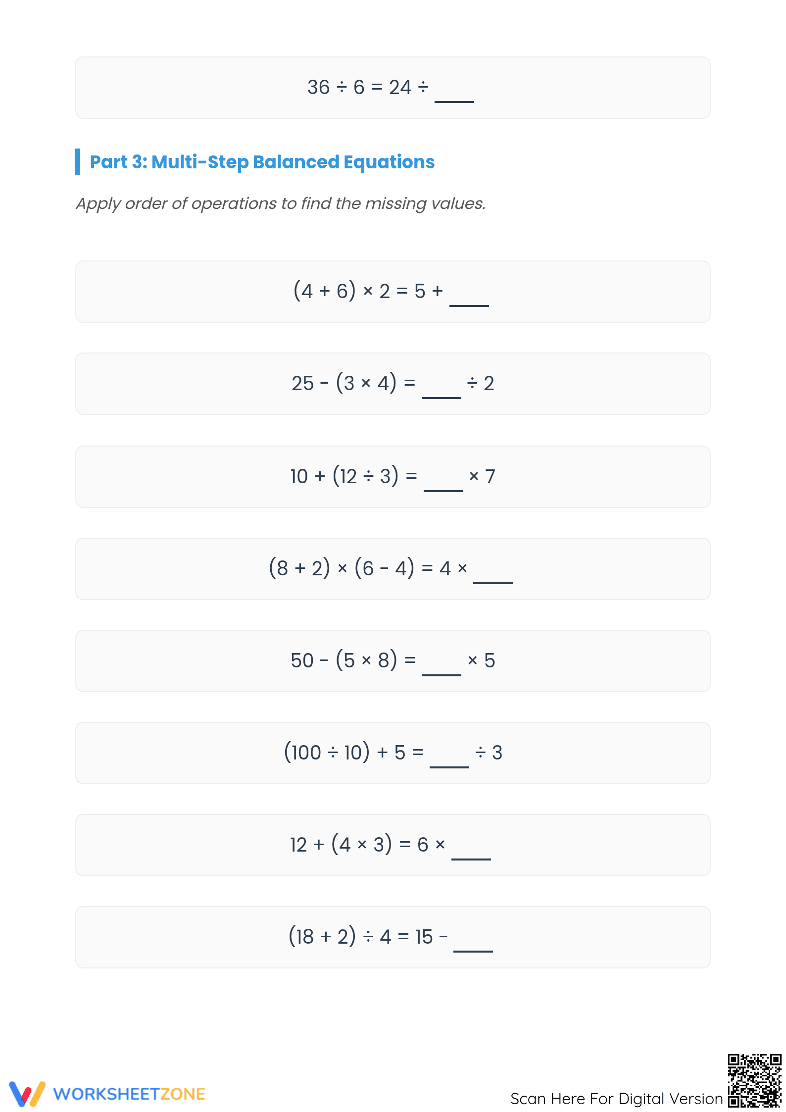 Essential Equal Equations Challenge Worksheet | Grade 6-8 - Page 3