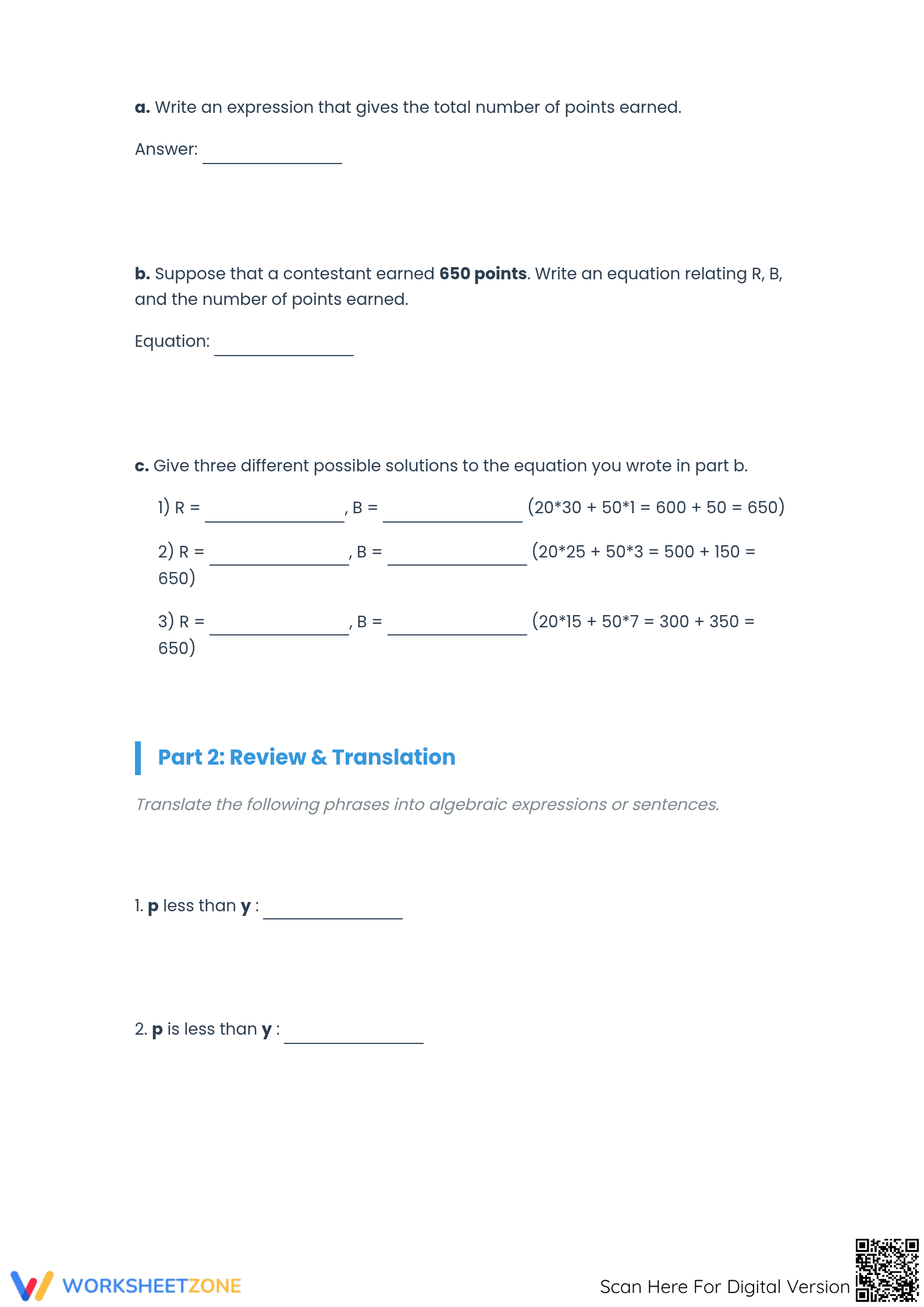 Essential Algebraic Expressions Worksheet | Grades 6-8 - Page 2