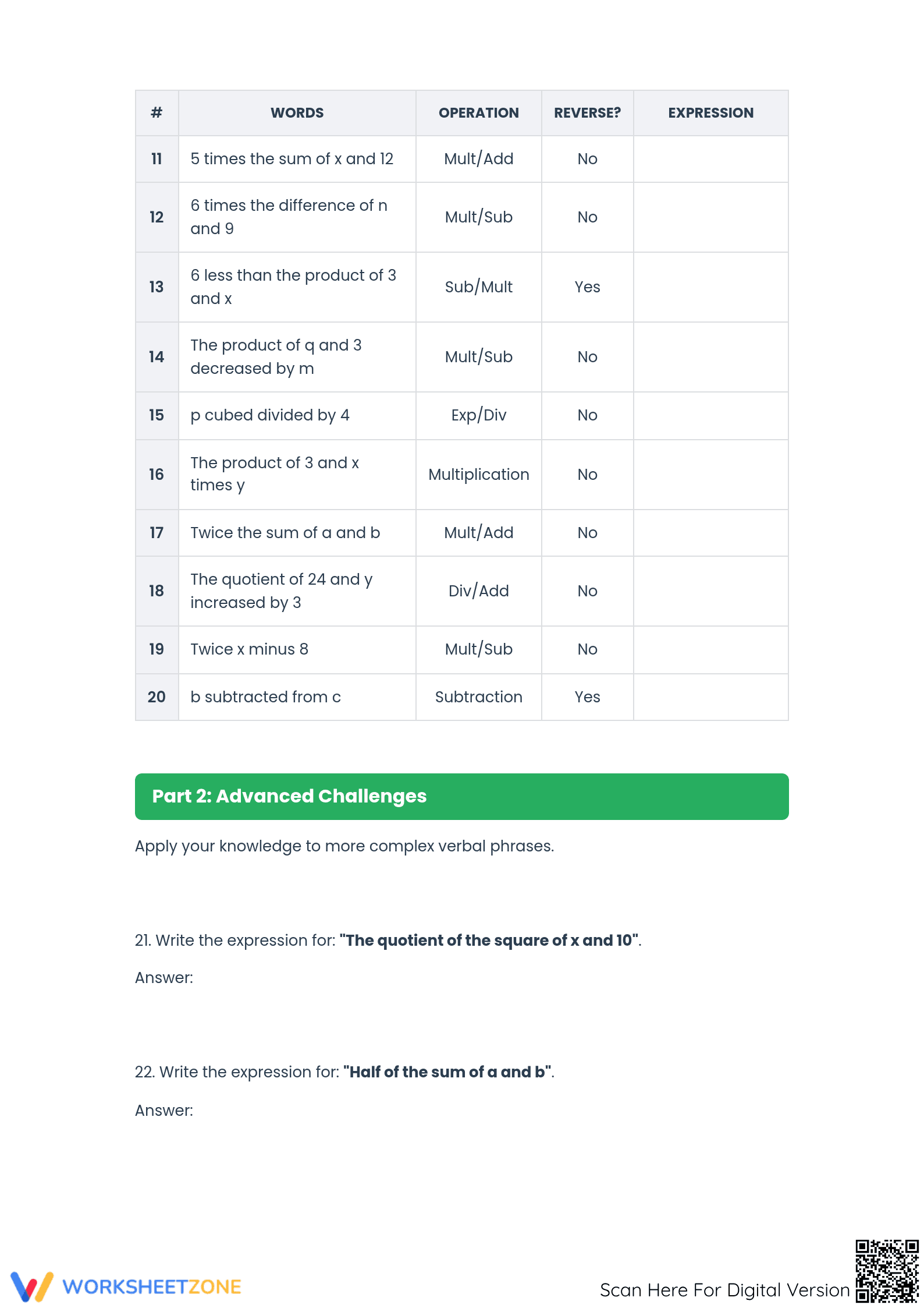 Printable Algebraic Expressions Translation Practice - Page 2