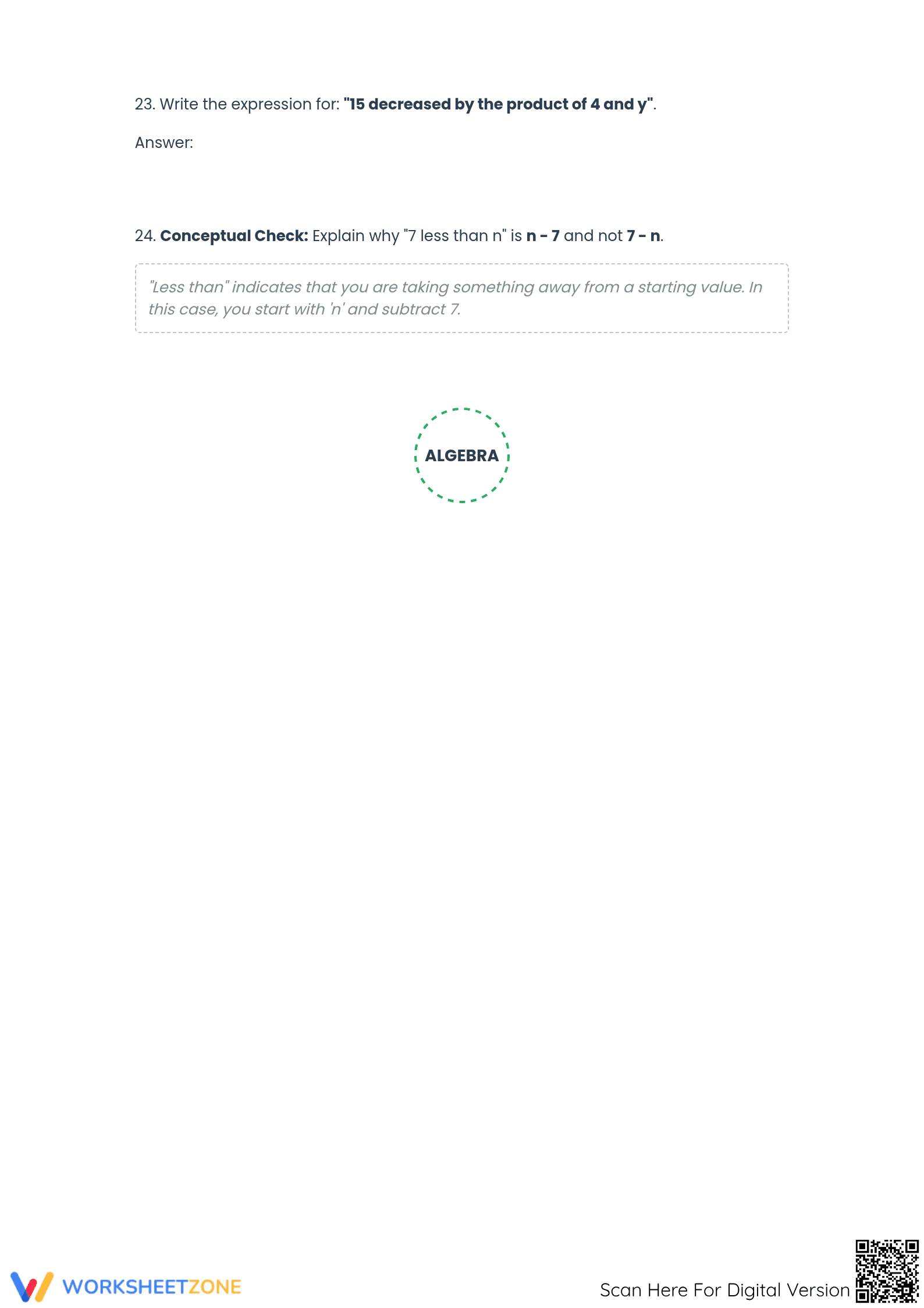 Printable Algebraic Expressions Translation Practice - Page 3