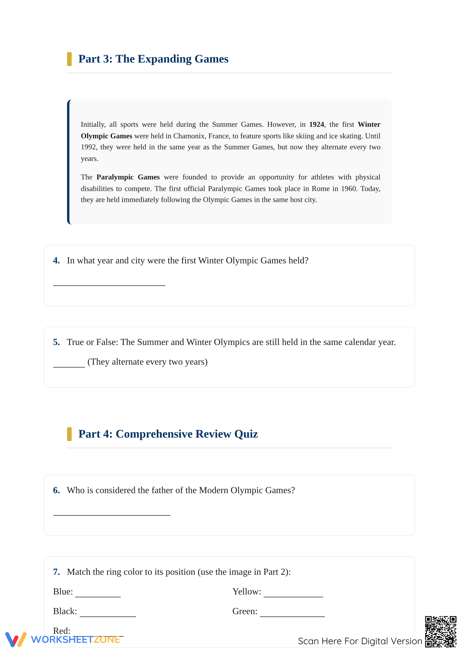 The Olympic Games History: Printable Grade 5-7 ELA Worksheet - Page 3