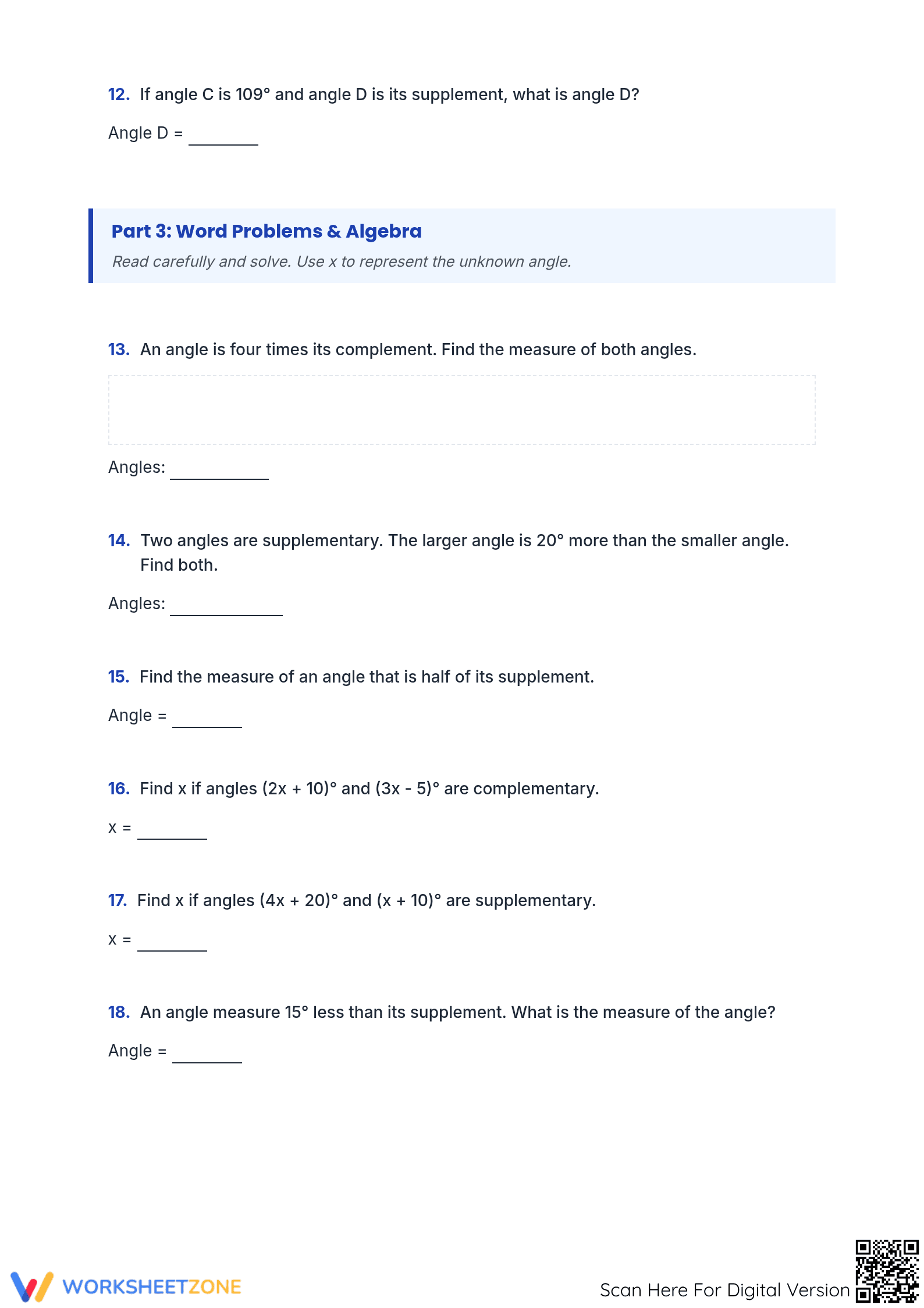 Essential Complementary and Supplementary Angles Worksheet - Page 3