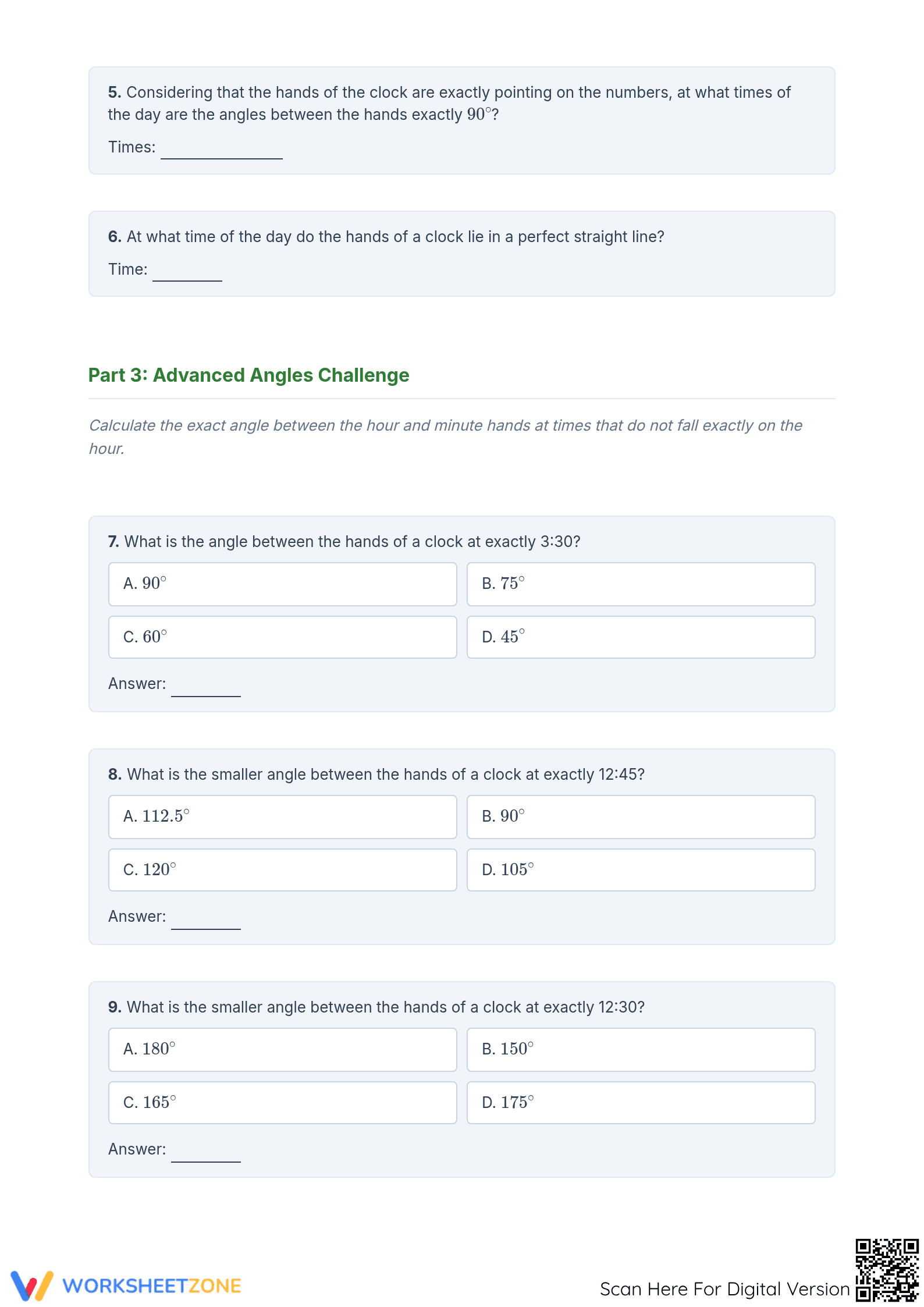 Essential Angles on a Clock Worksheet | Grade 9-12 Math - Page 2