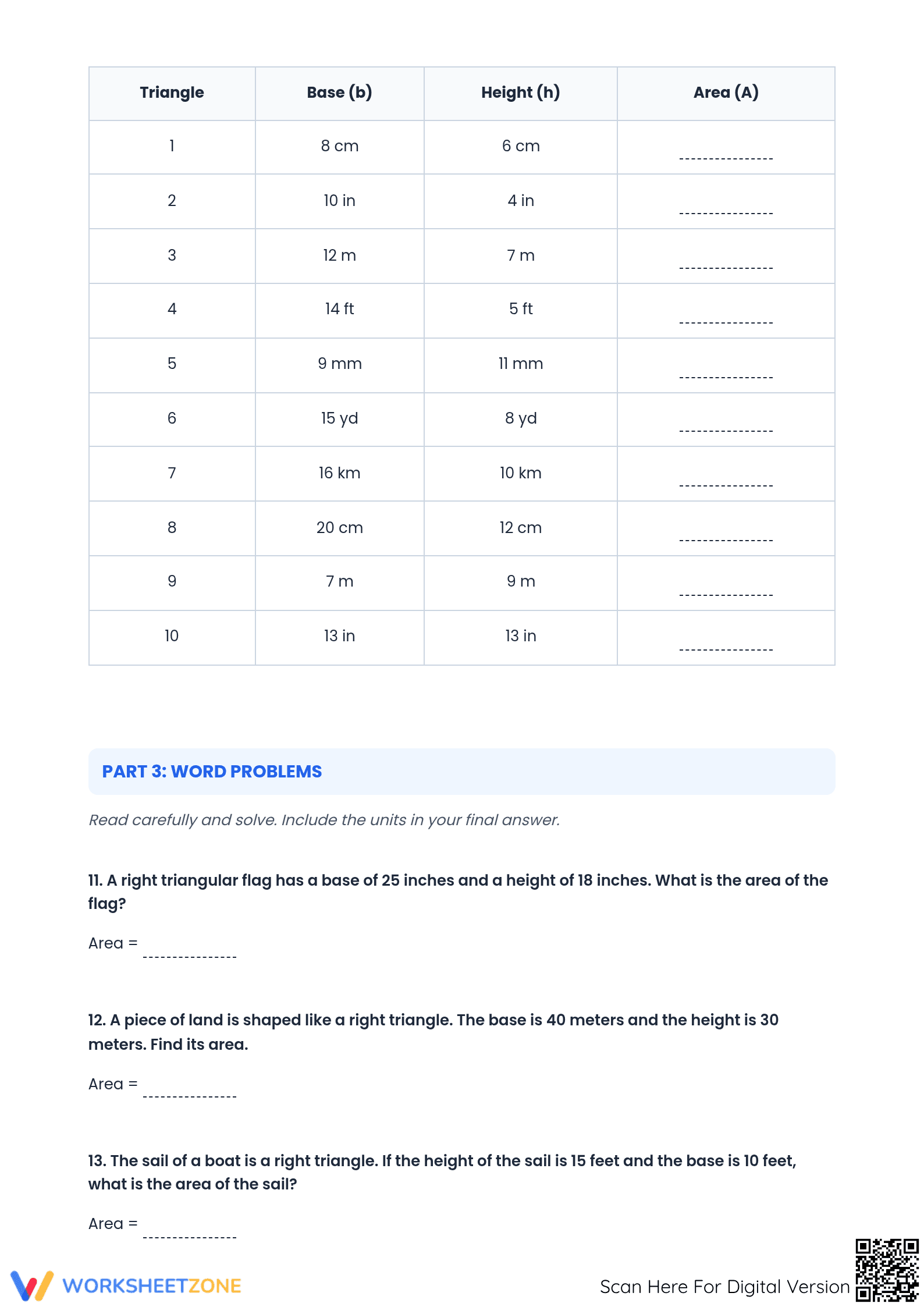 Area of Right Triangles: Printable Math Practice Worksheet - Page 2