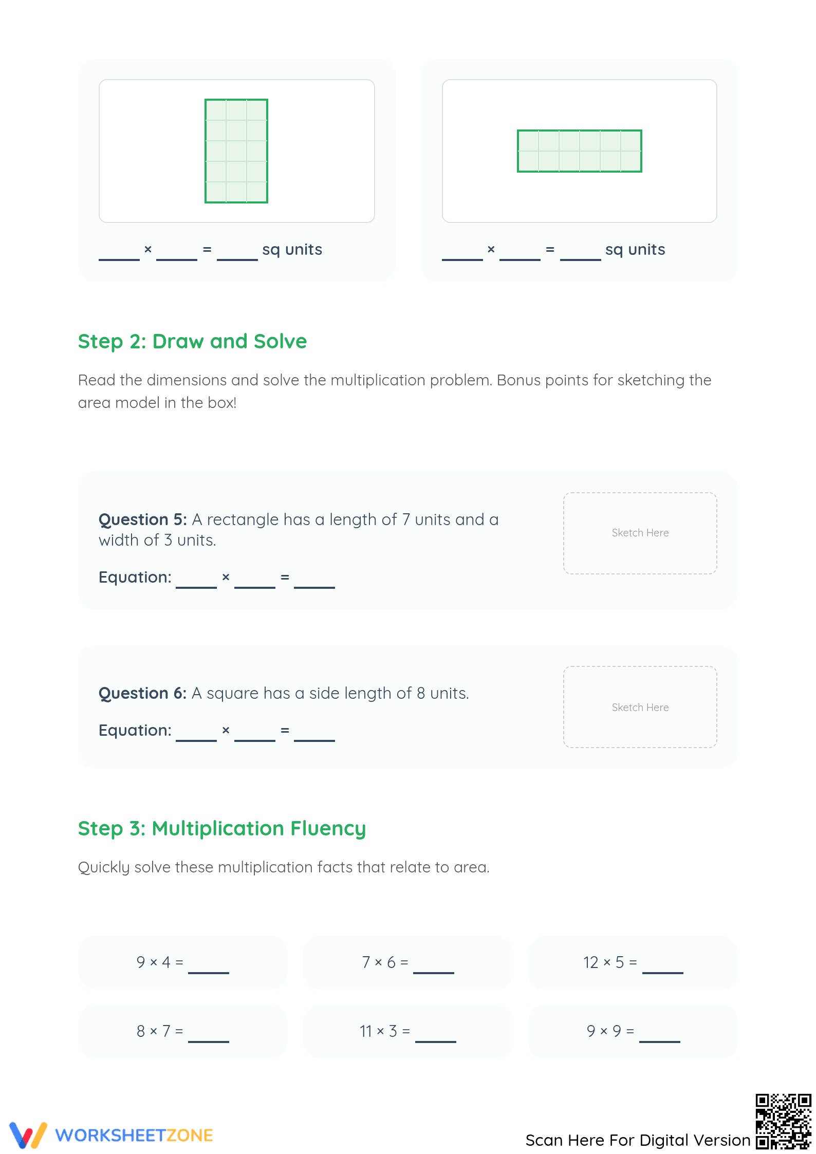 Essential Grade 3 Multiplication and Area Model Worksheet - Page 2
