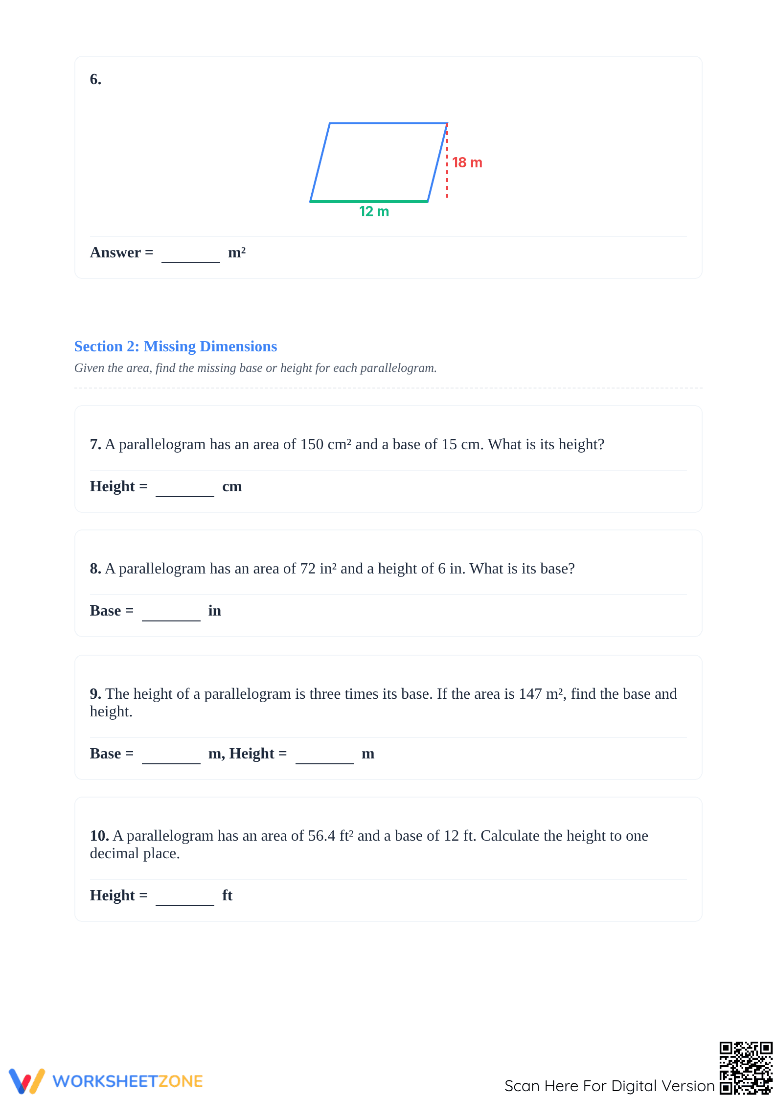Grade 8+ Area of Parallelograms — Printable Worksheet - Page 3
