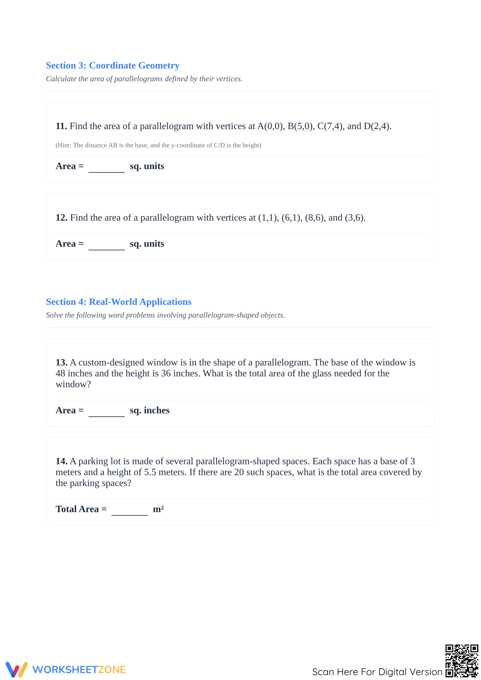 Grade 8+ Area of Parallelograms — Printable Worksheet - Page 4