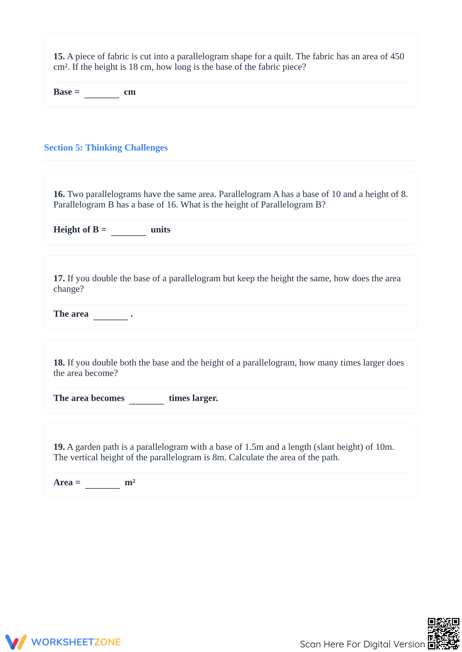 Grade 8+ Area of Parallelograms — Printable Worksheet - Page 5