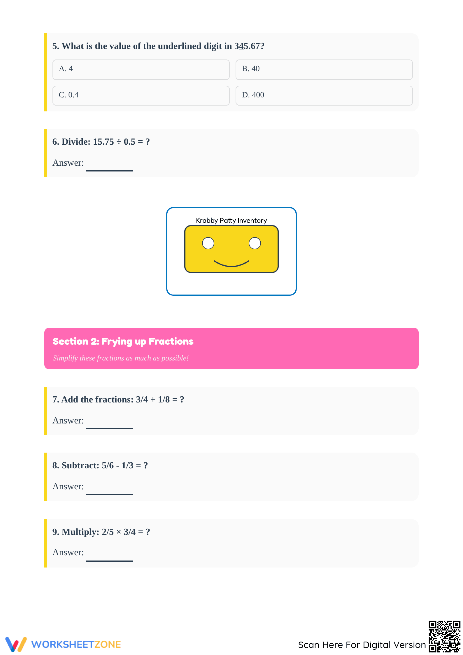 Printable Spongebob Math Exam | Essential Grade 6 Review - Page 2