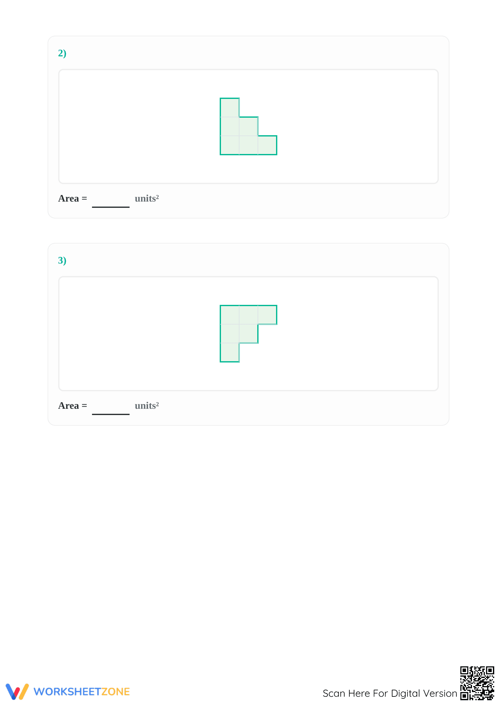 Printable Area Worksheet: Count Squares in Irregular Shapes - Page 2
