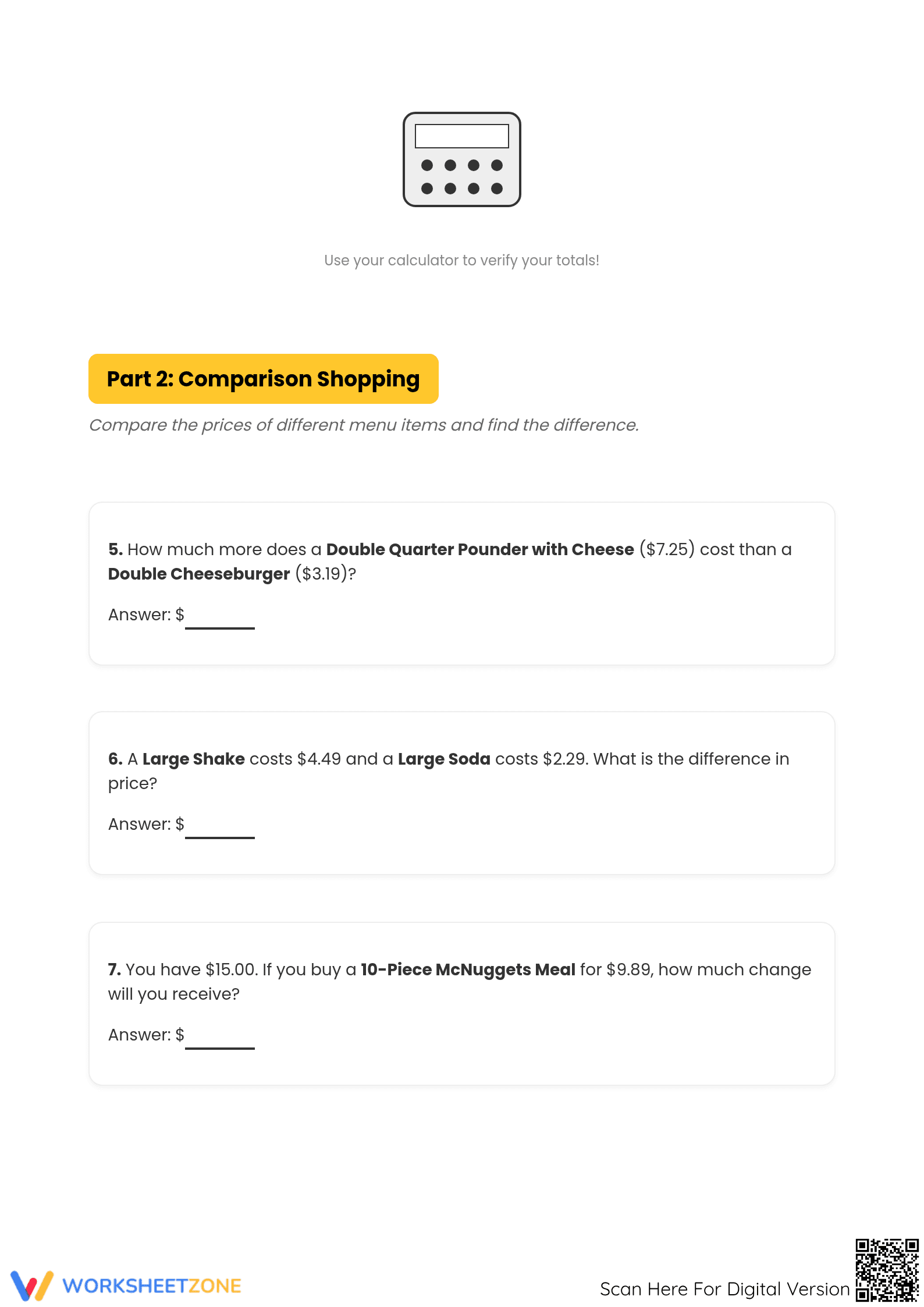 Grade 5 Calculating Food Costs — Printable No-Prep Worksheet - Page 3