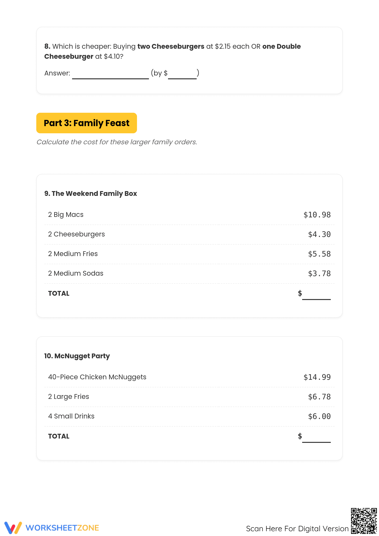 Grade 5 Calculating Food Costs — Printable No-Prep Worksheet - Page 4