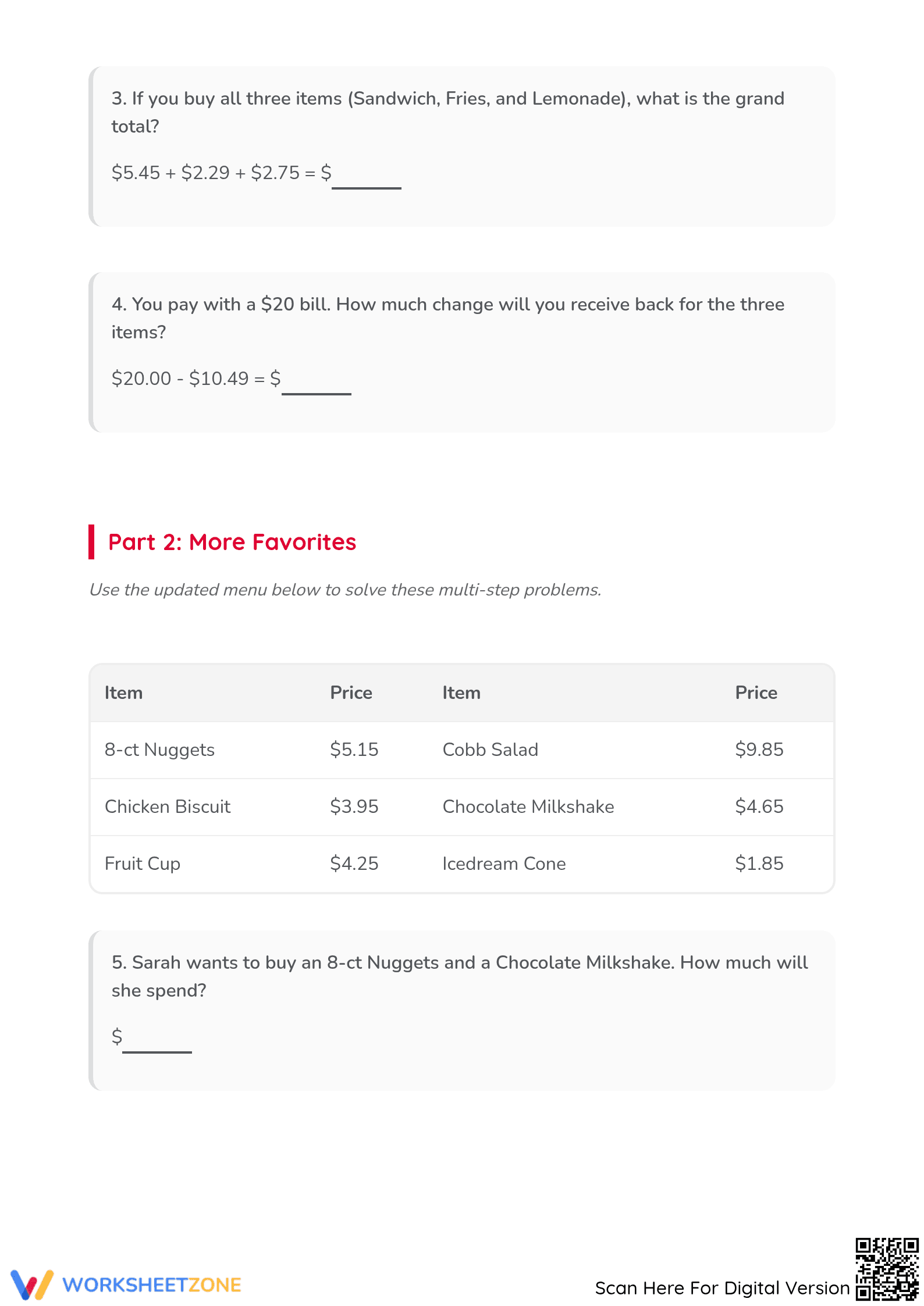 Grade 5 Menu Math — Printable No-Prep Worksheet - Page 2
