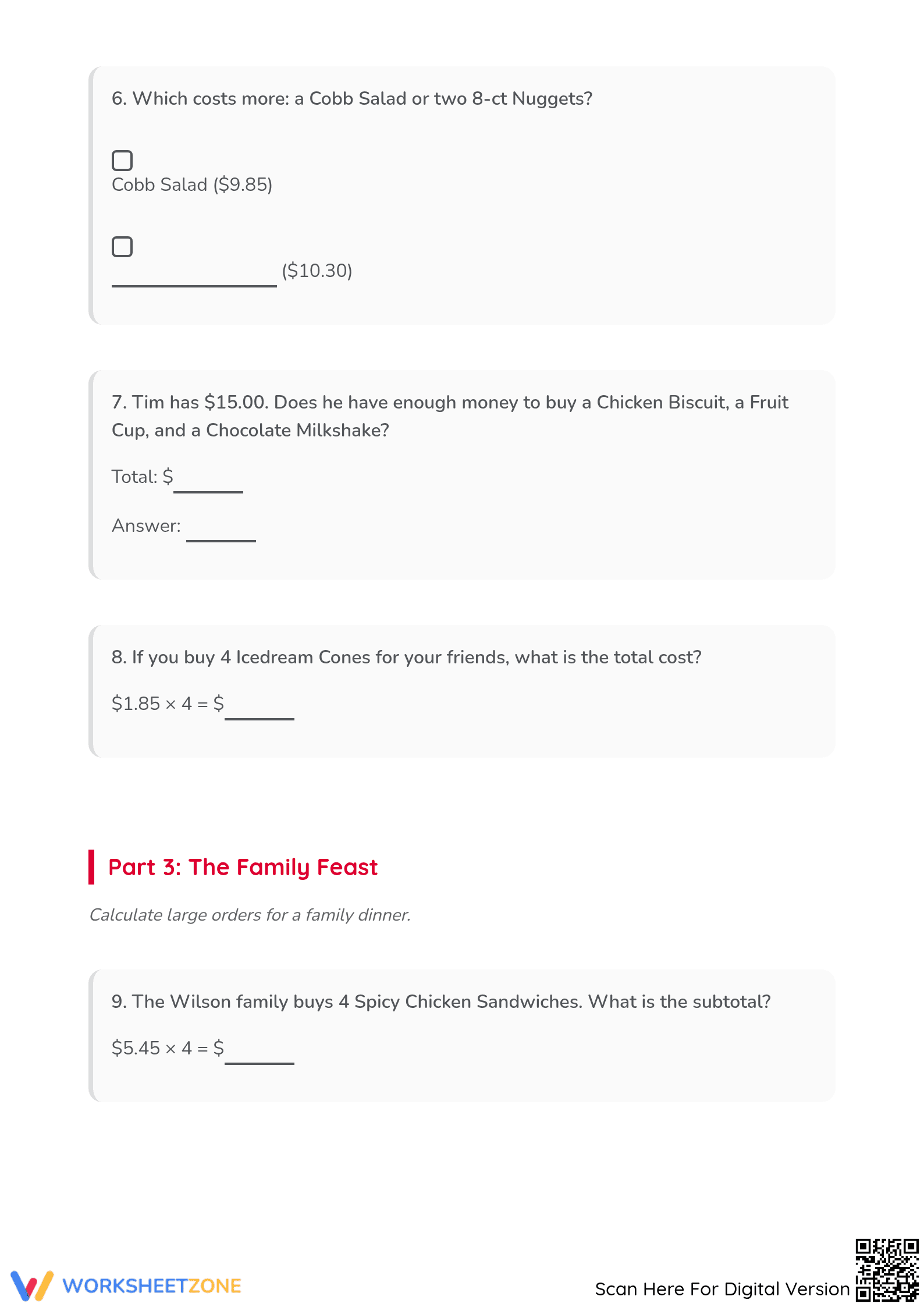 Grade 5 Menu Math — Printable No-Prep Worksheet - Page 3