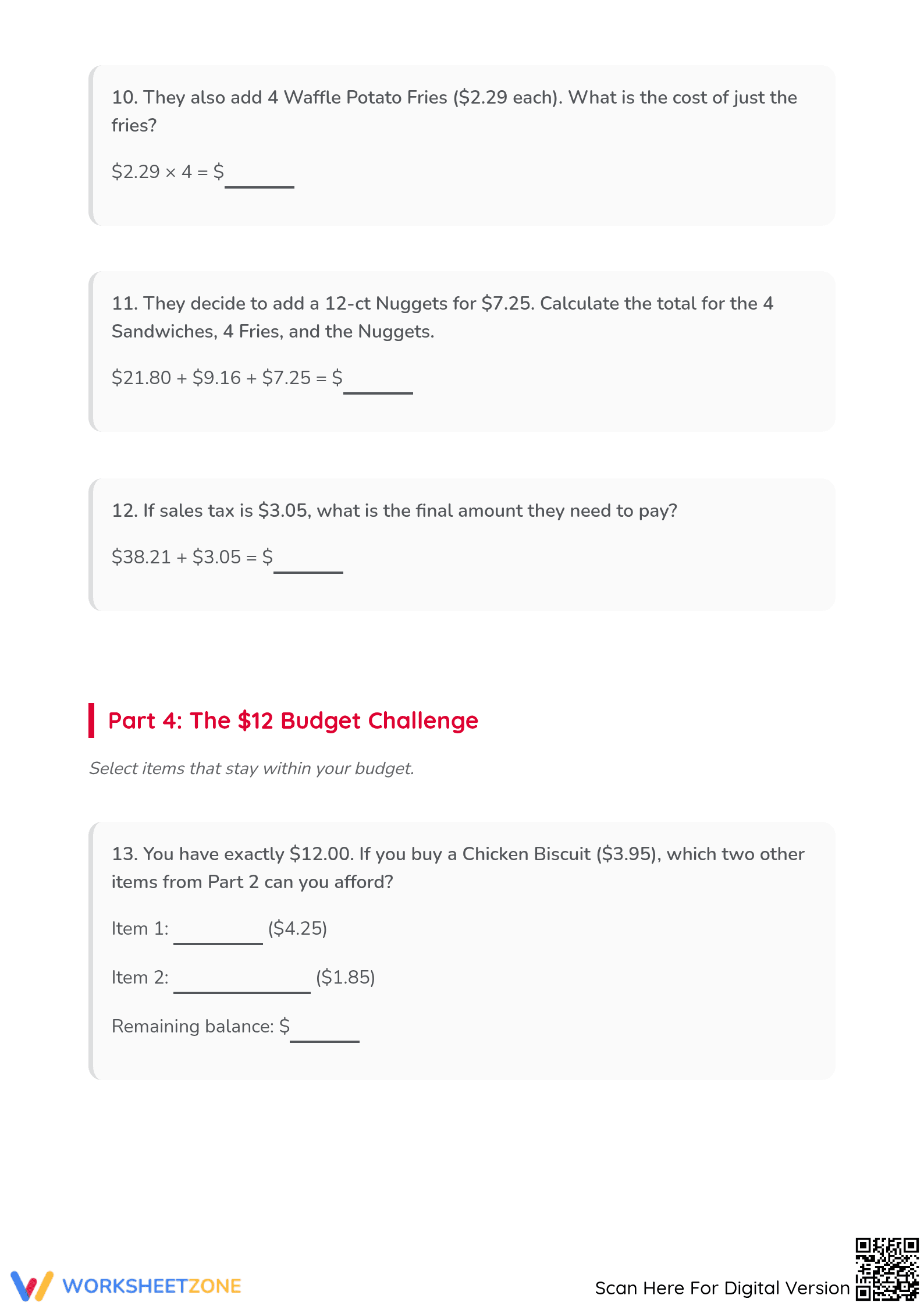 Grade 5 Menu Math — Printable No-Prep Worksheet - Page 4