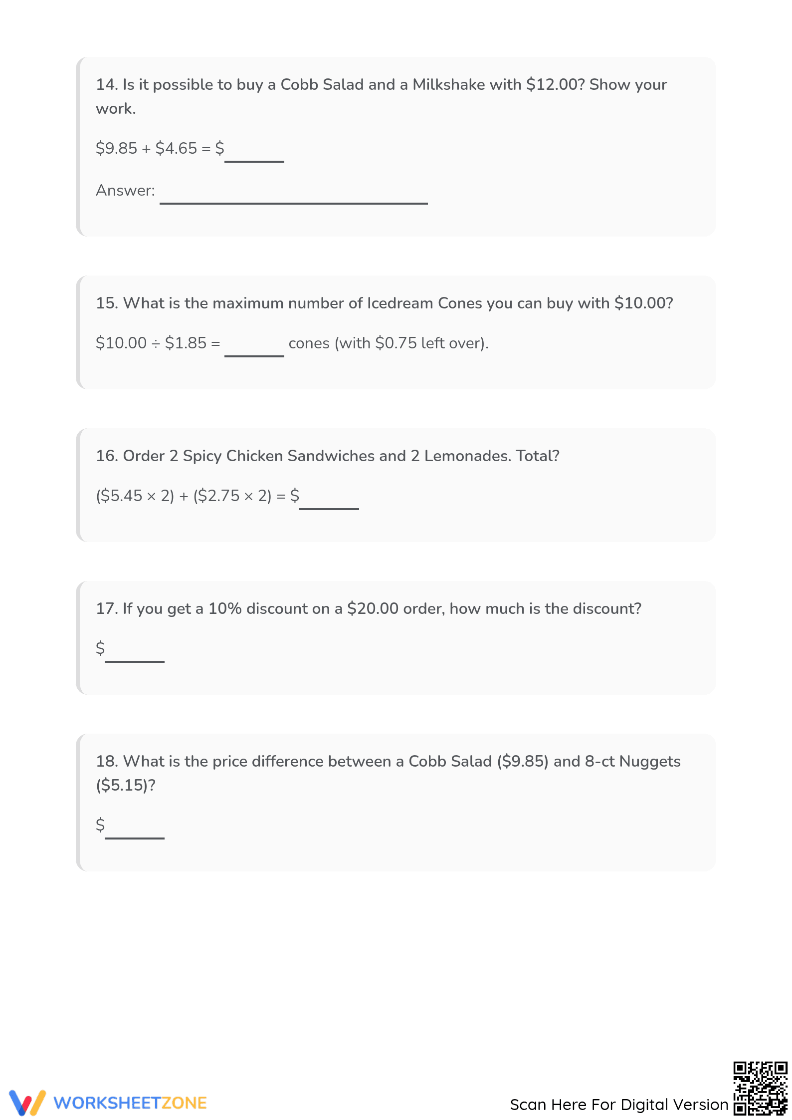Grade 5 Menu Math — Printable No-Prep Worksheet - Page 5
