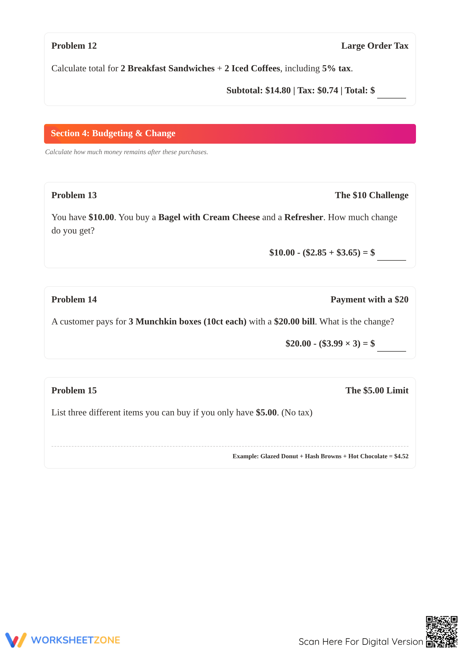 Grade 5 Money Math — Printable No-Prep Worksheet - Page 4