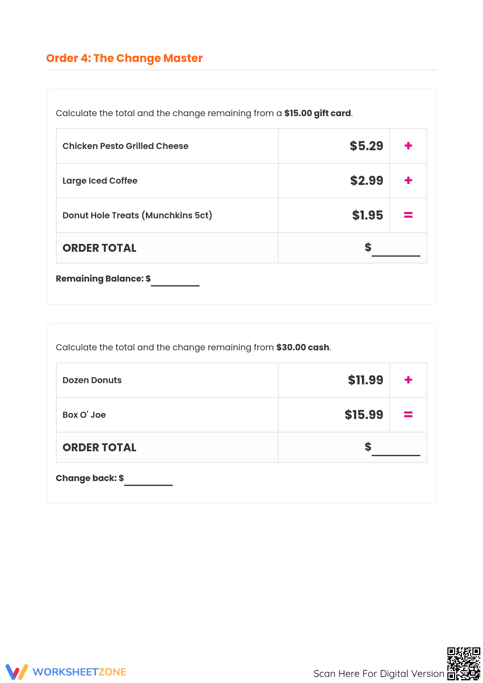 Grade 5 Menu Math — Printable No-Prep Worksheet - Page 3