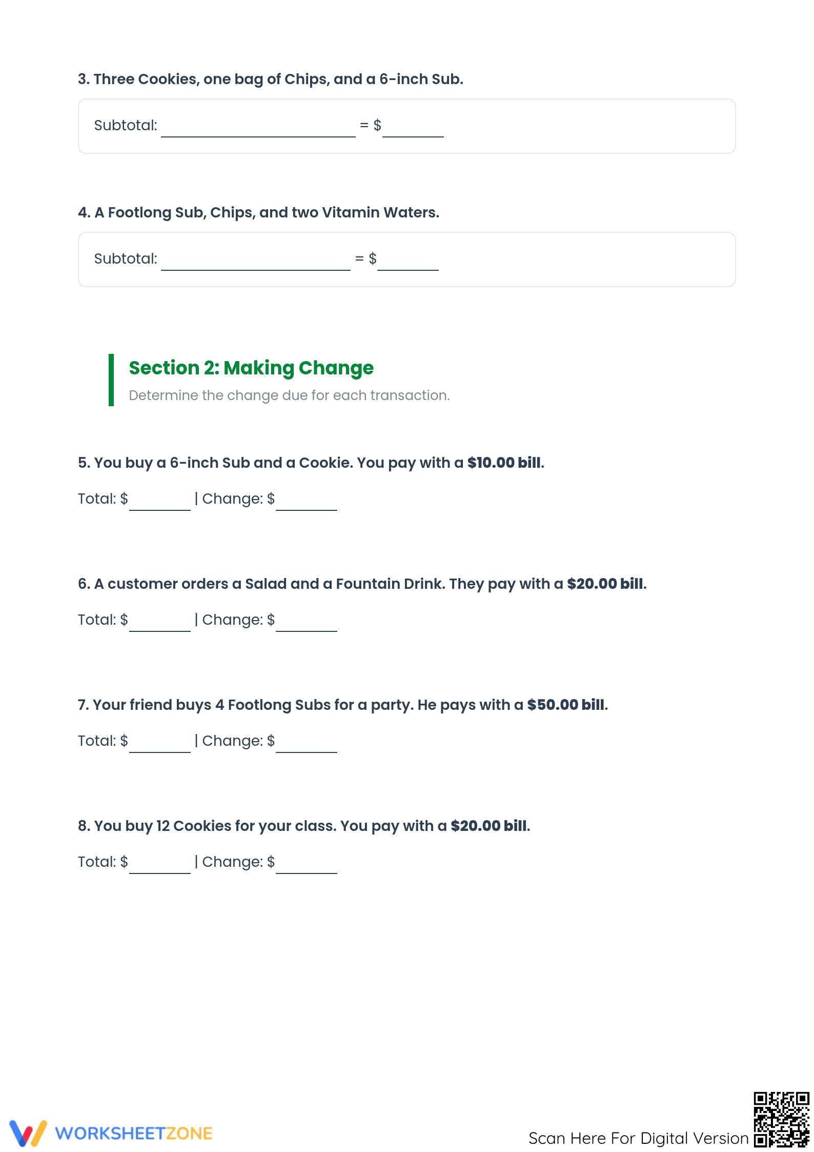 Grade 6 Money Math — Printable No-Prep Worksheet - Page 2