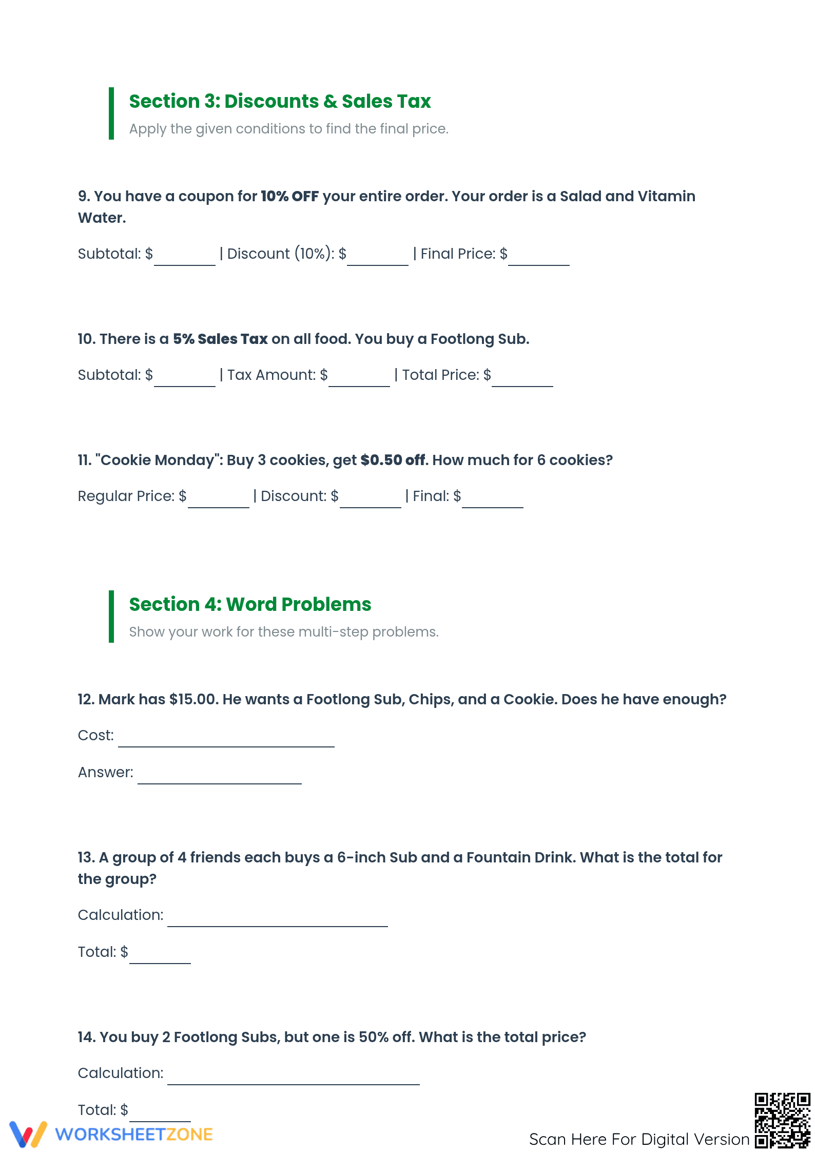 Grade 6 Money Math — Printable No-Prep Worksheet - Page 3