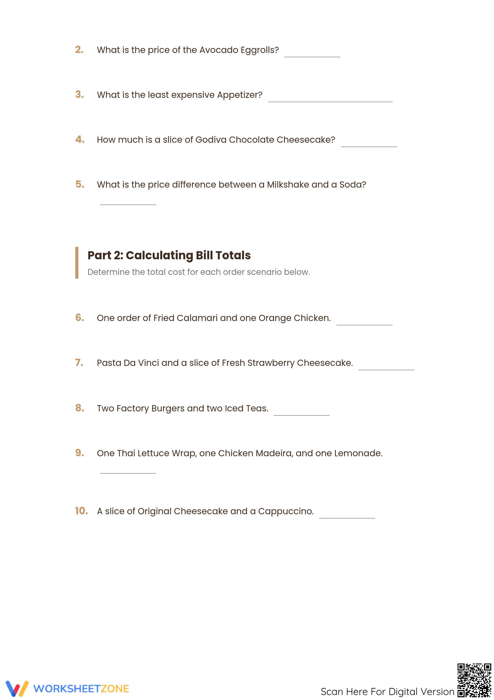 Grade 7 Menu Math — Printable No-Prep Worksheet - Page 2