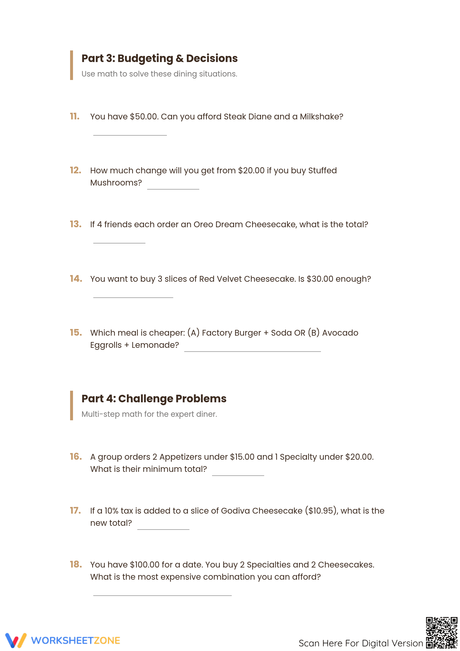 Grade 7 Menu Math — Printable No-Prep Worksheet - Page 3