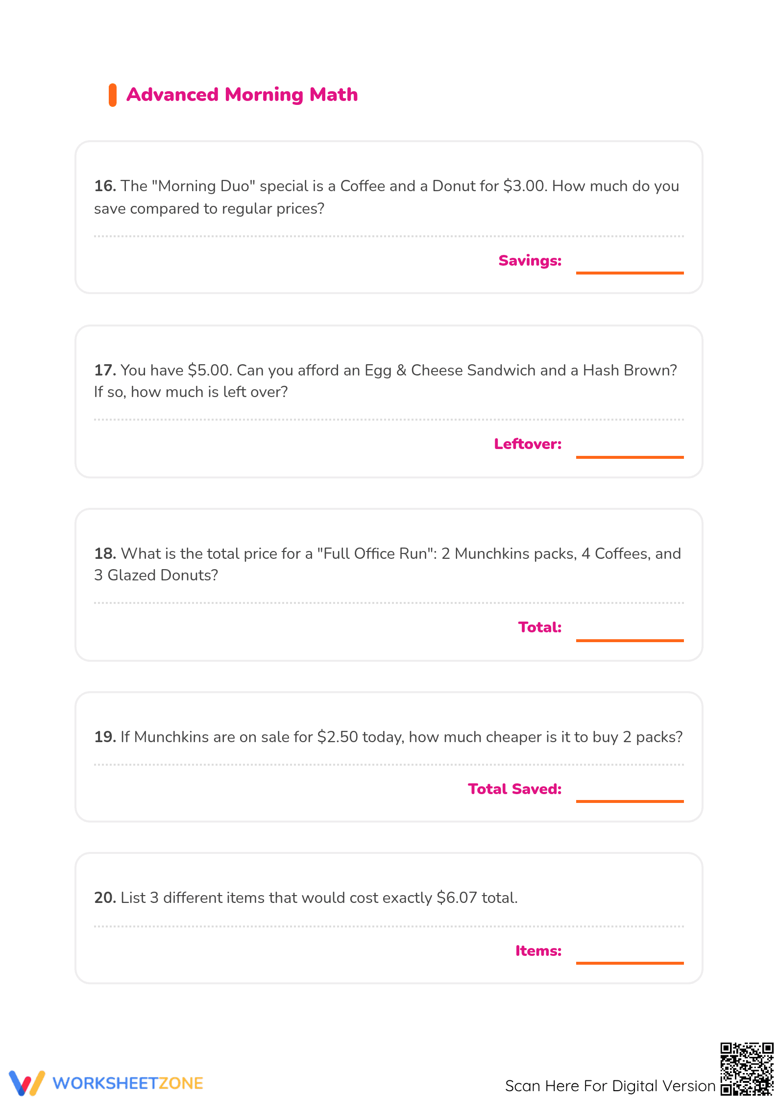 Printable Money Word Problems Worksheet | Grade 5 Math - Page 4