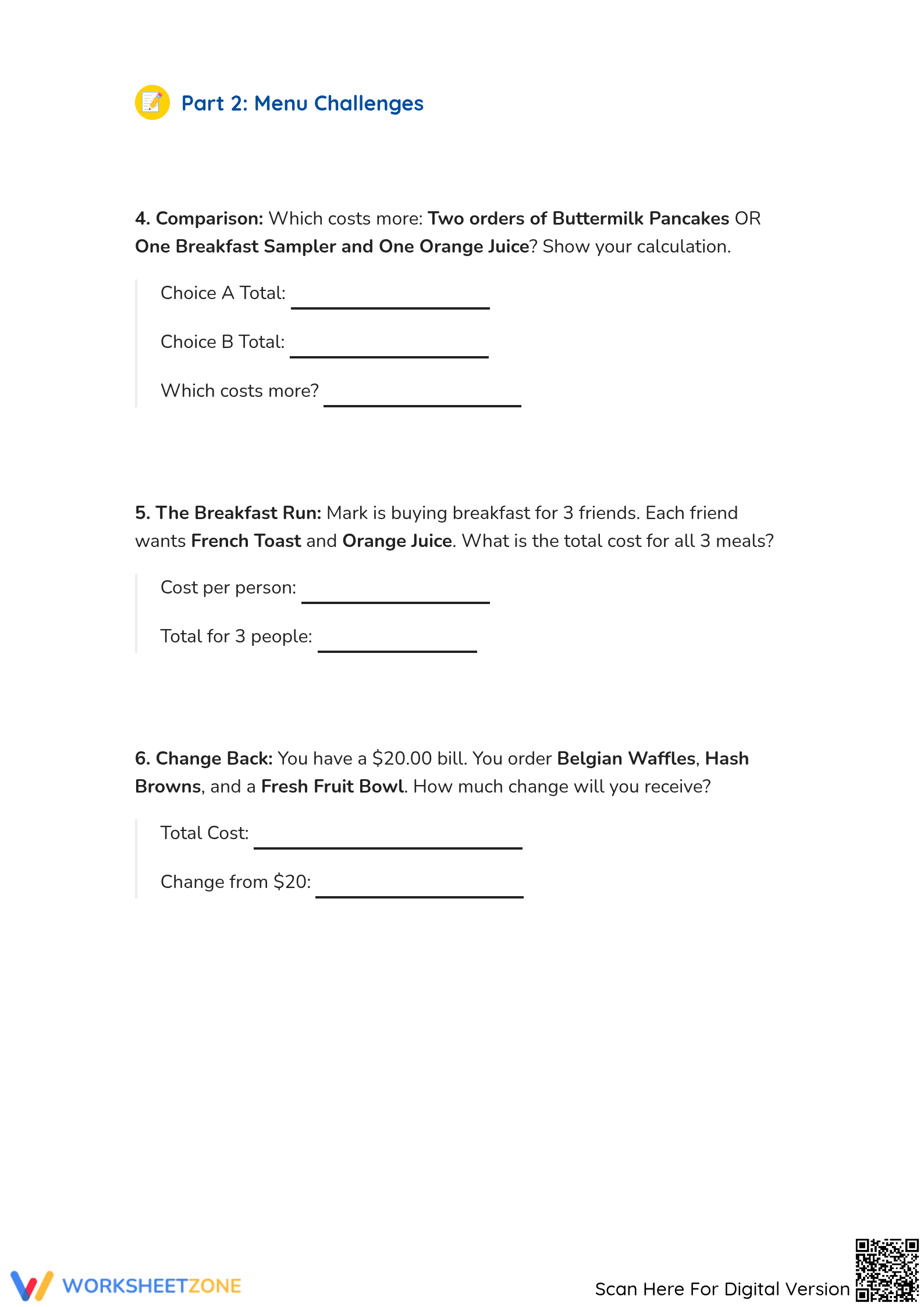 Grade 5 Money Math — Printable No-Prep Worksheet - Page 3
