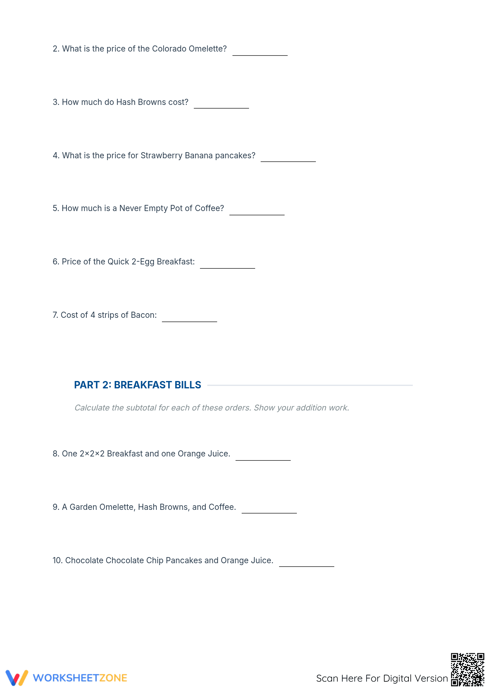 Grade 7 Menu Math — Printable No-Prep Worksheet - Page 2