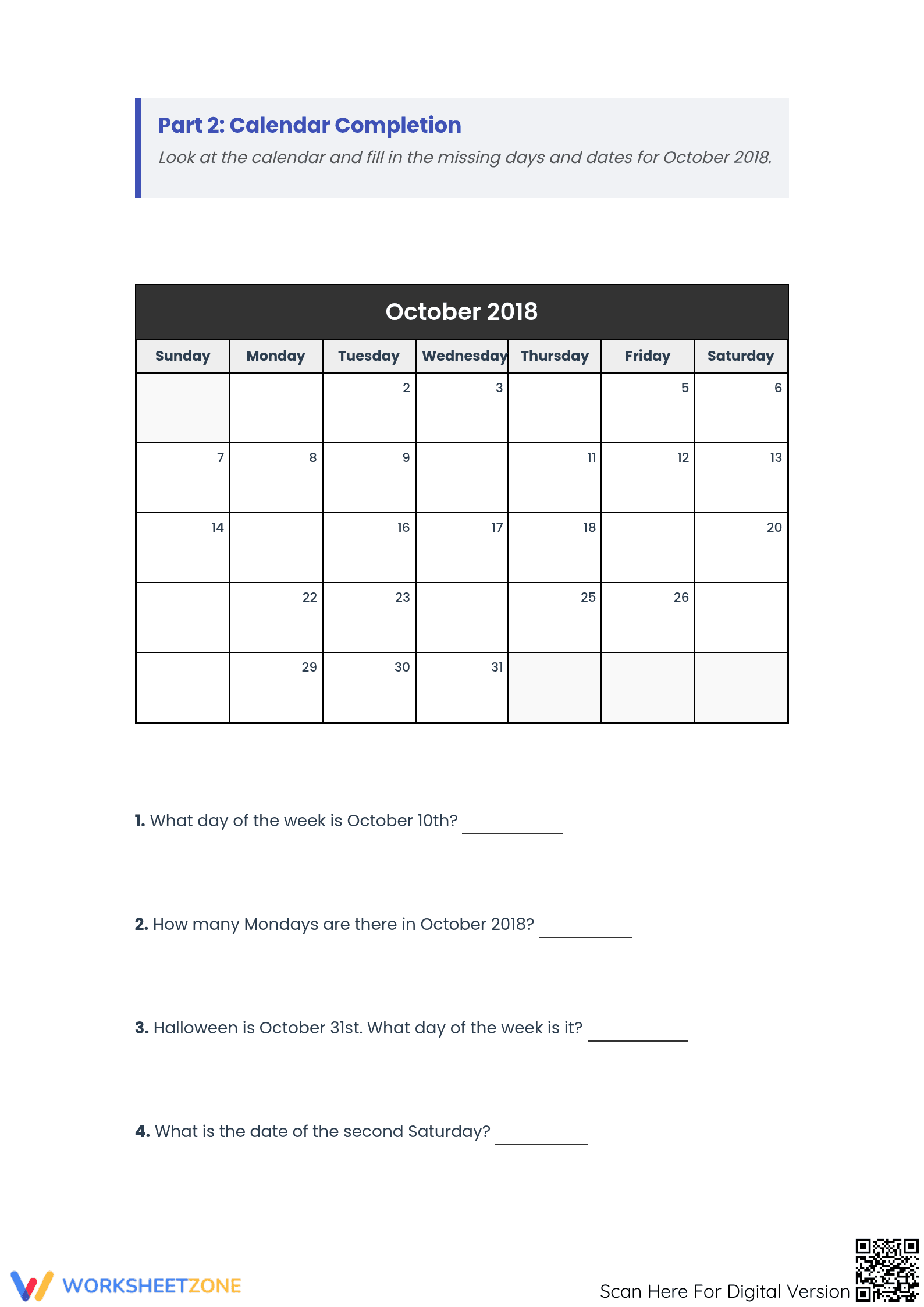 Printable Calendar Reading Worksheet | Grade 3 Math - Page 2