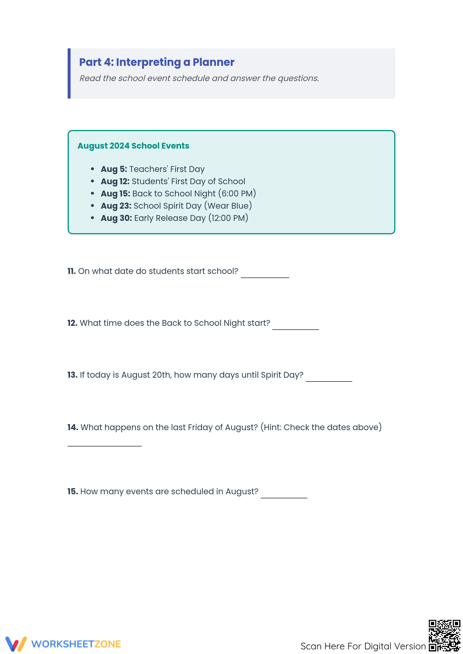 Printable Calendar Reading Worksheet | Grade 3 Math - Page 4