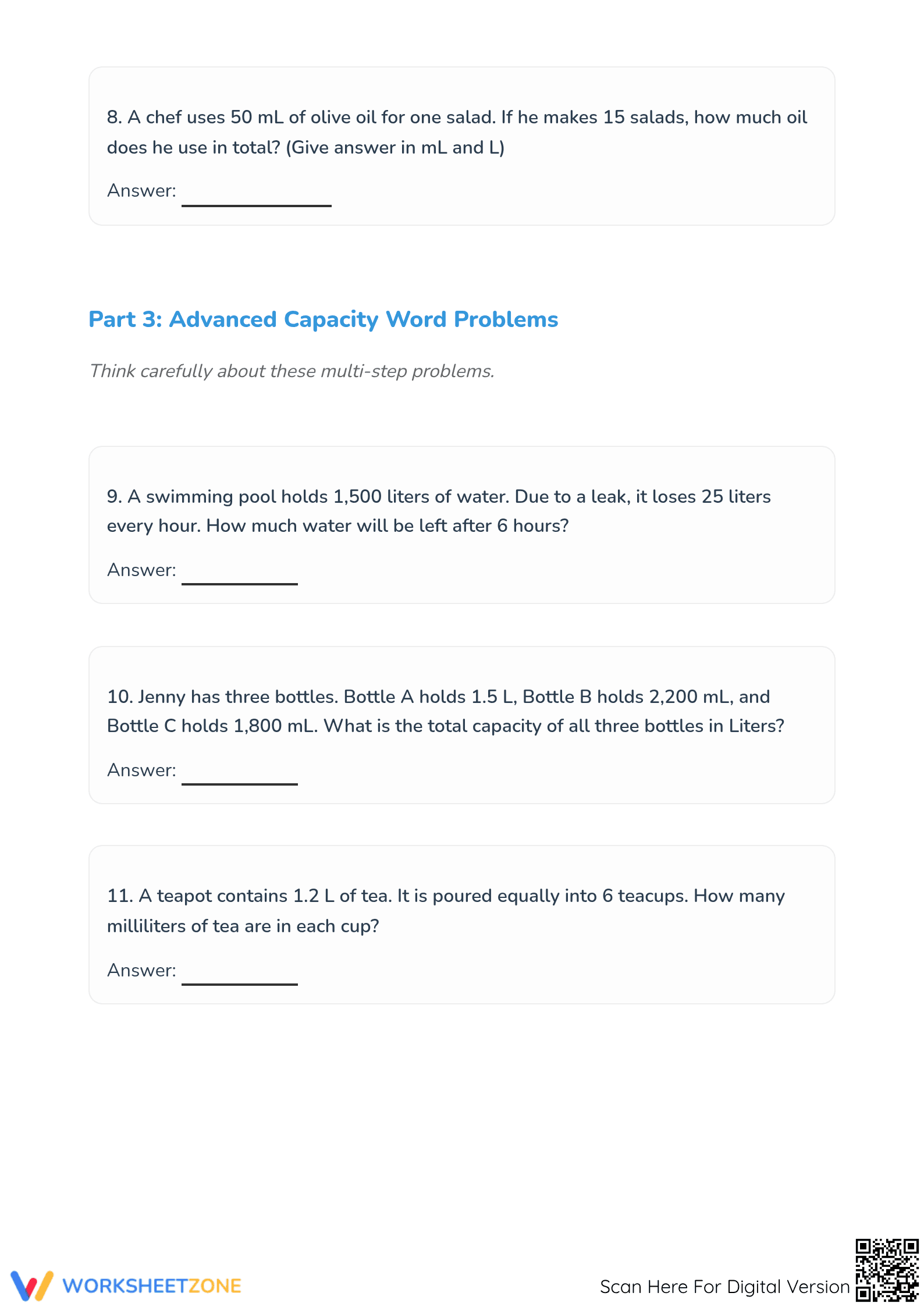 Essential Capacity Word Problems Worksheet | Grade 4 Math - Page 3