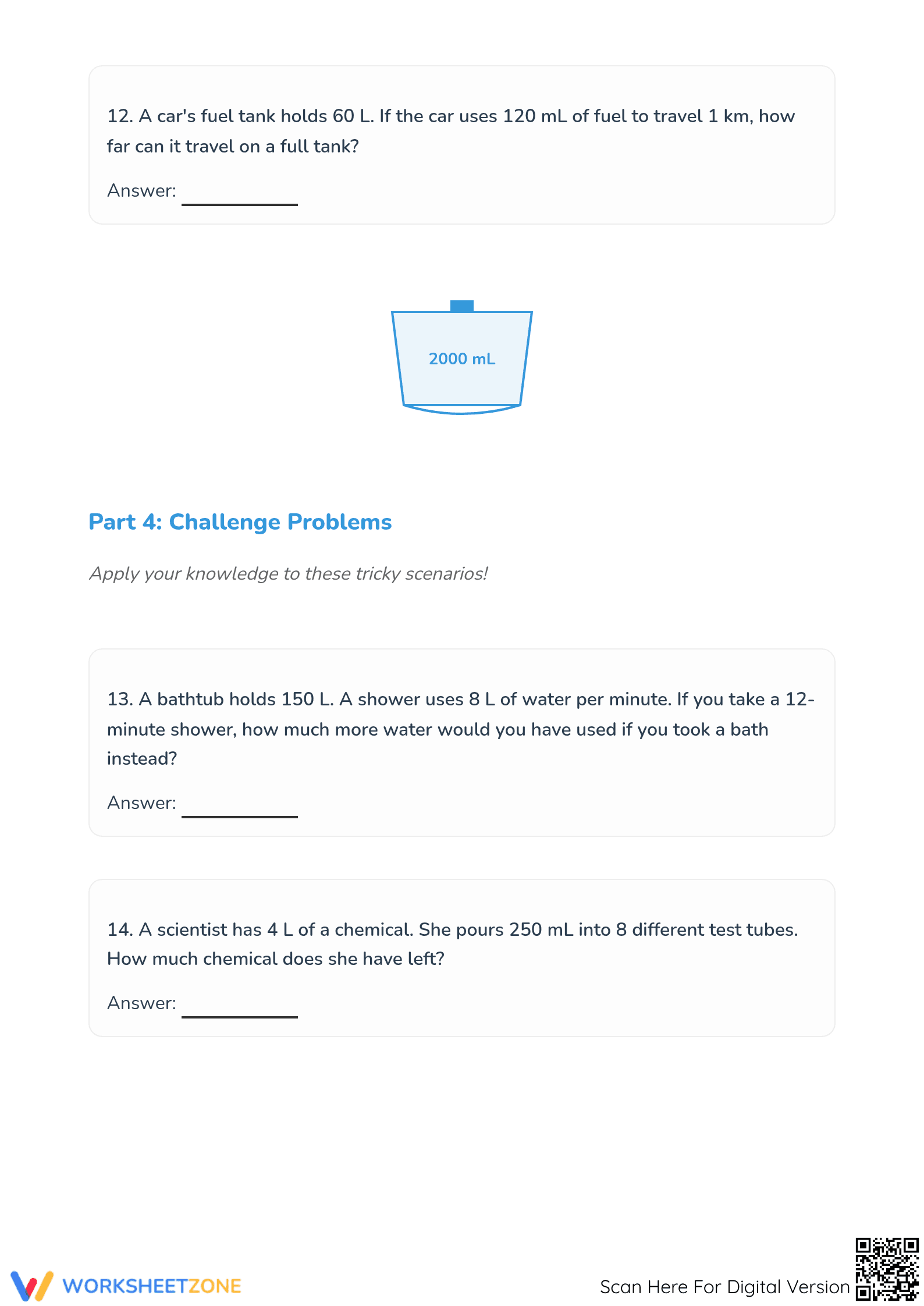 Essential Capacity Word Problems Worksheet | Grade 4 Math - Page 4