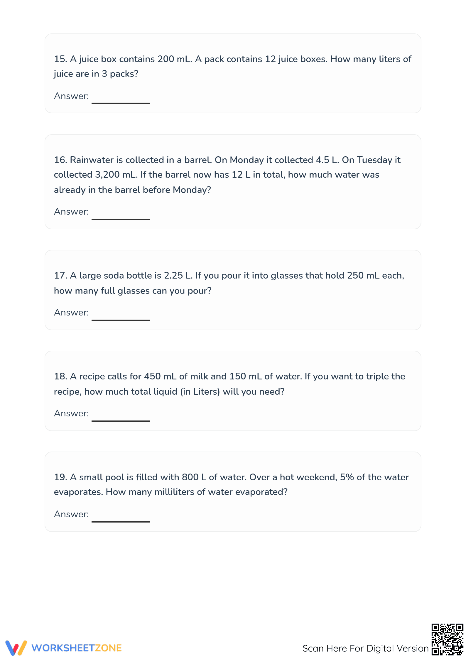 Essential Capacity Word Problems Worksheet | Grade 4 Math - Page 5