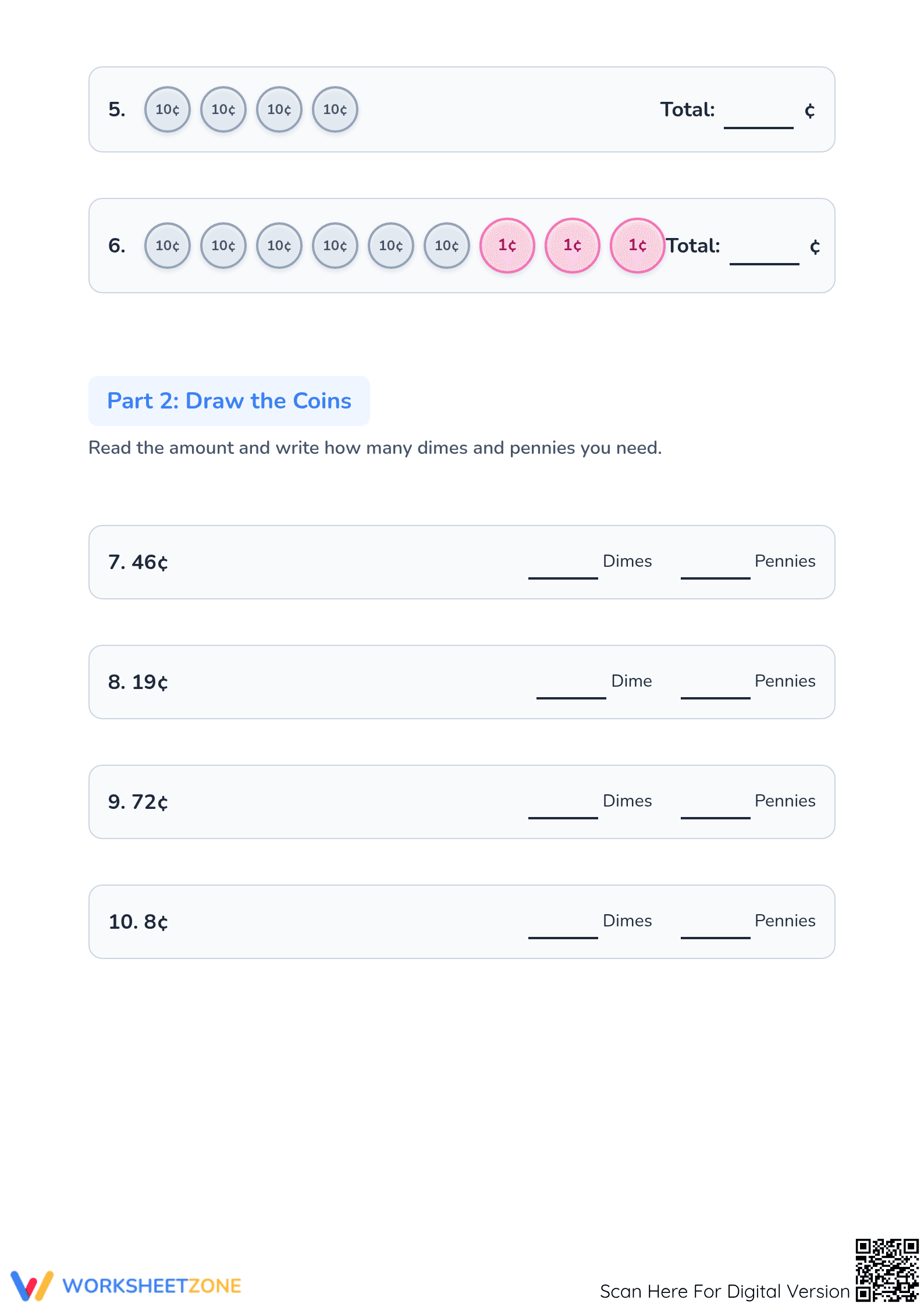 Counting Dimes and Pennies Worksheet | Grade 3 Essential - Page 2