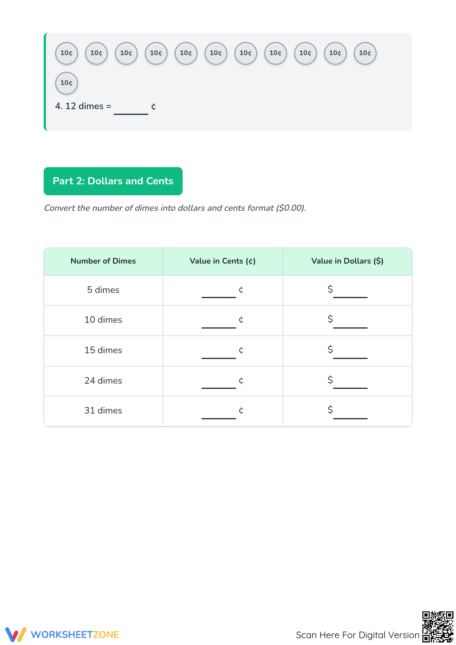 Essential Counting Dimes Worksheet | Grade 3-6 Math - Page 2