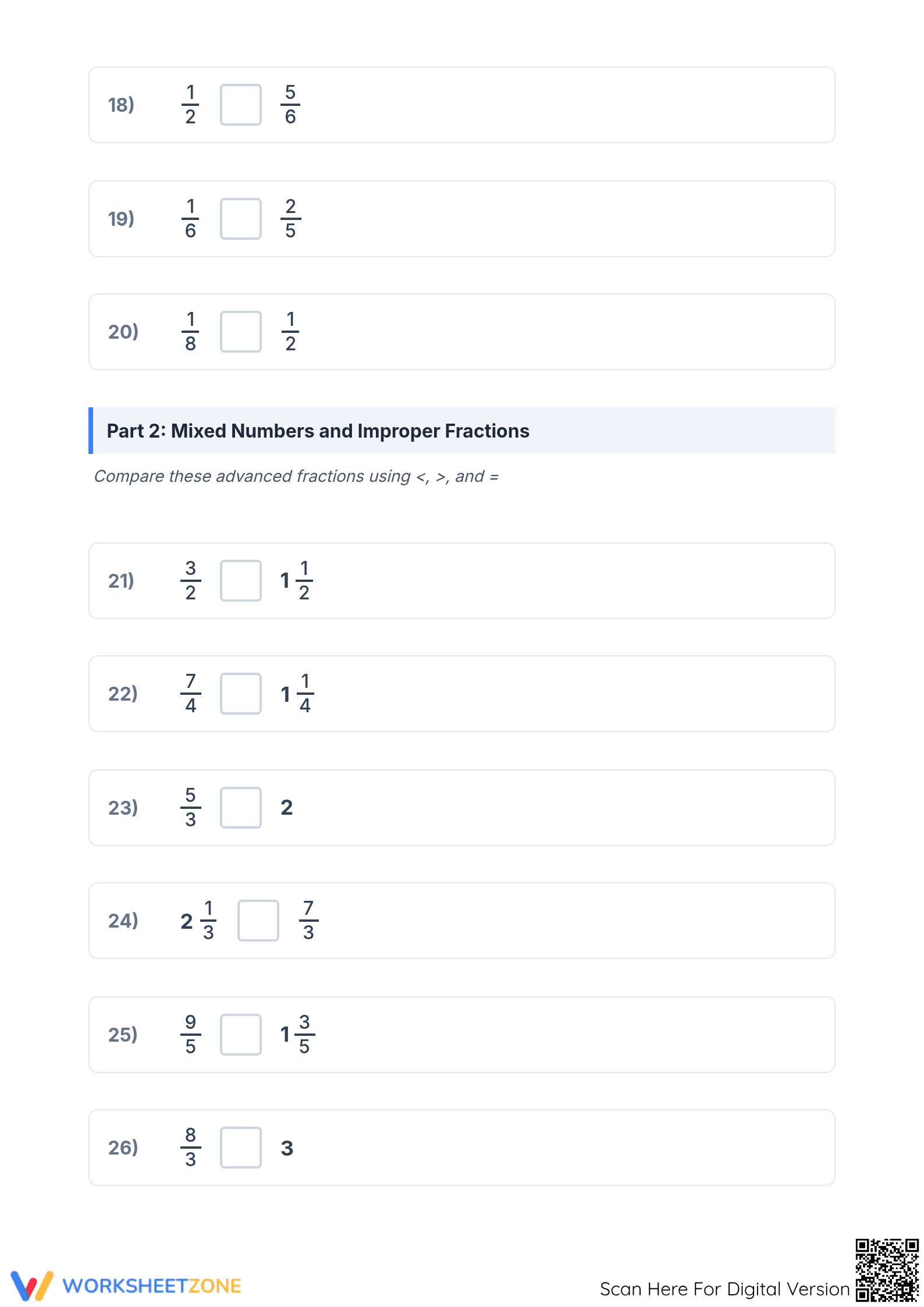 Printable Comparing Fractions Worksheet | Grades 7-9 Math - Page 3