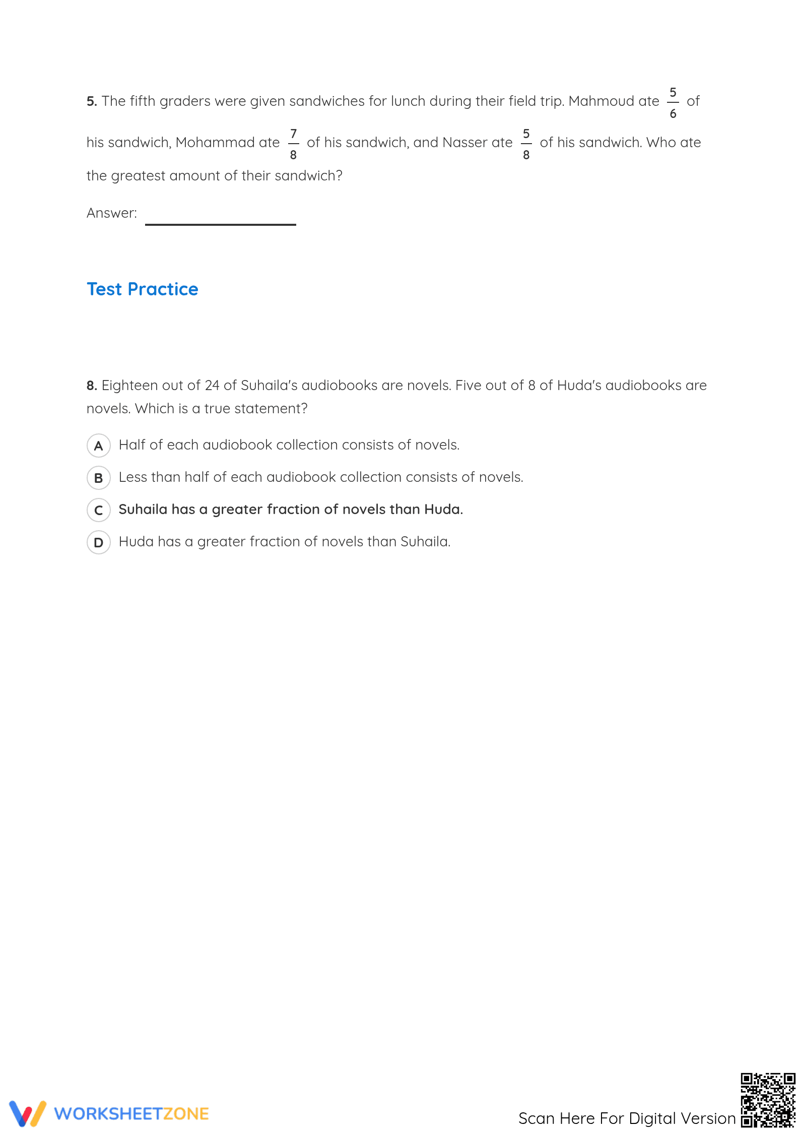 Grade 5 Comparing Fractions — Printable No-Prep Worksheet - Page 2