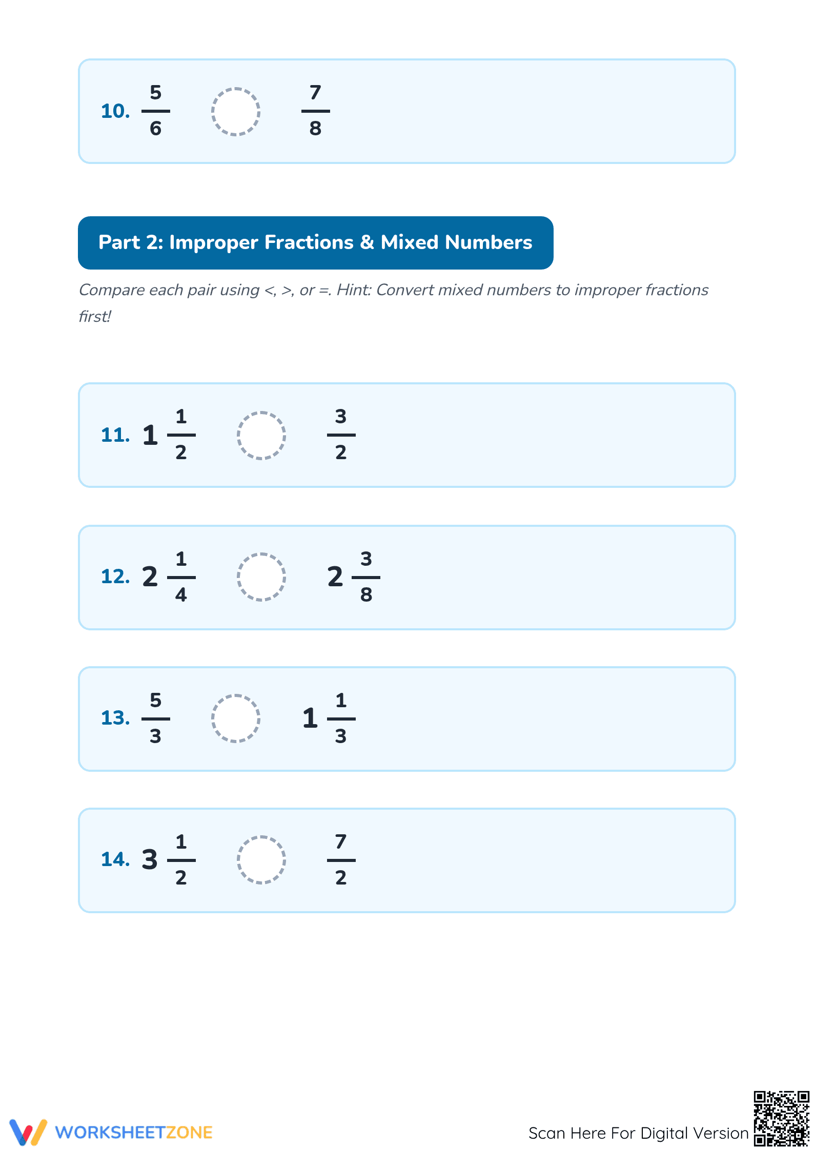 Printable Comparing Mixed Numbers Worksheet | Grade 4 Math - Page 3