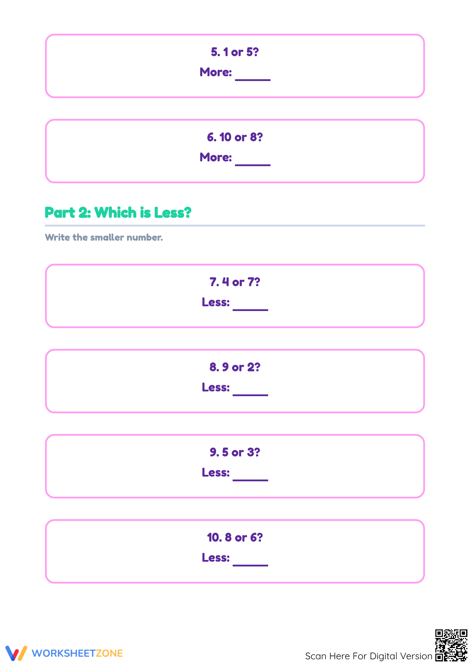 Grade K-1 More or Less Numbers — Printable No-Prep Worksheet - Page 2