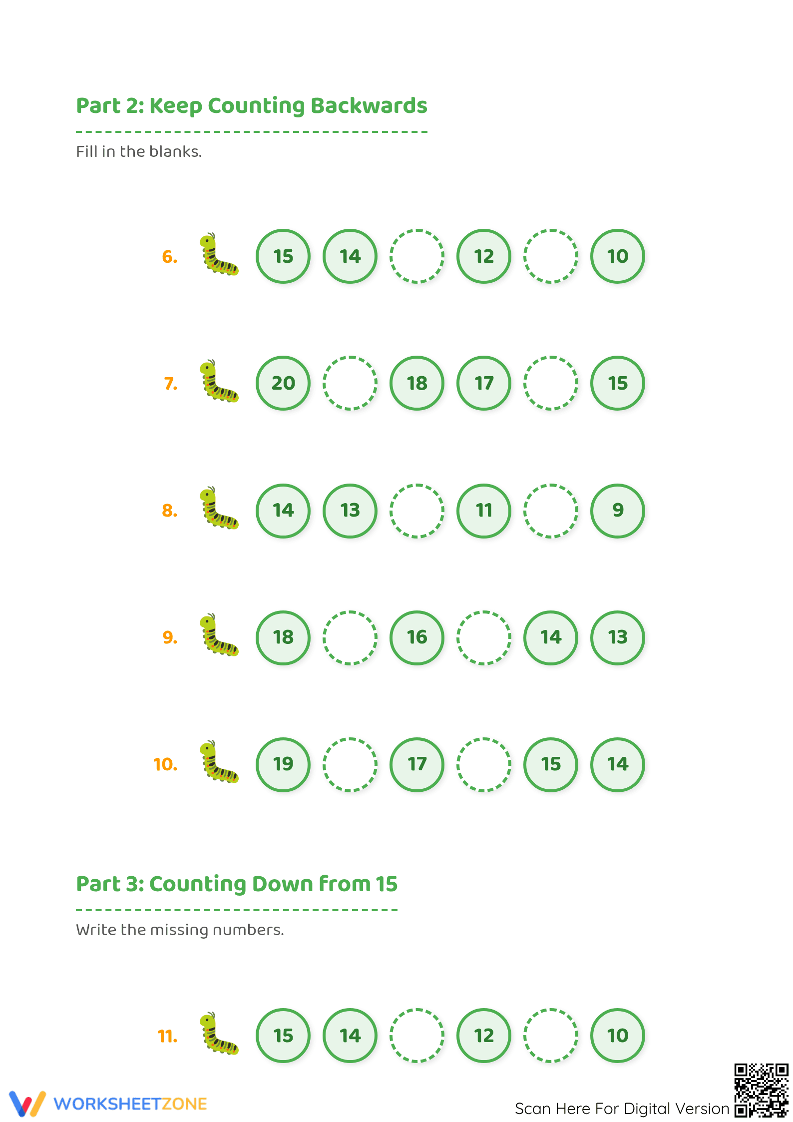 Printable Backward Counting 20-11 Worksheet | Grade K-1 - Page 2