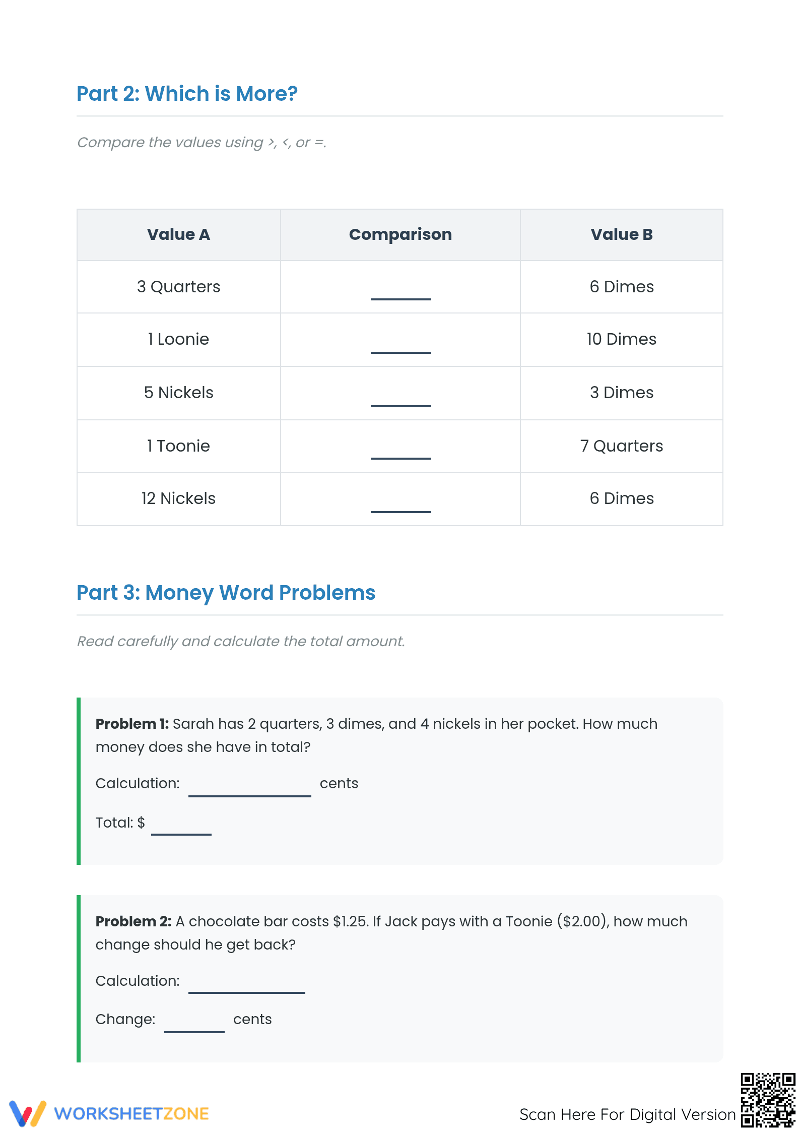 Grade 2-4 Canadian Money — Printable No-Prep Worksheet - Page 2