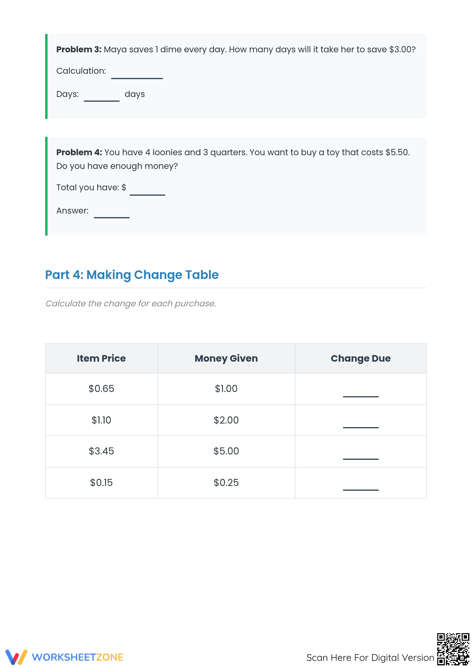 Grade 2-4 Canadian Money — Printable No-Prep Worksheet - Page 3
